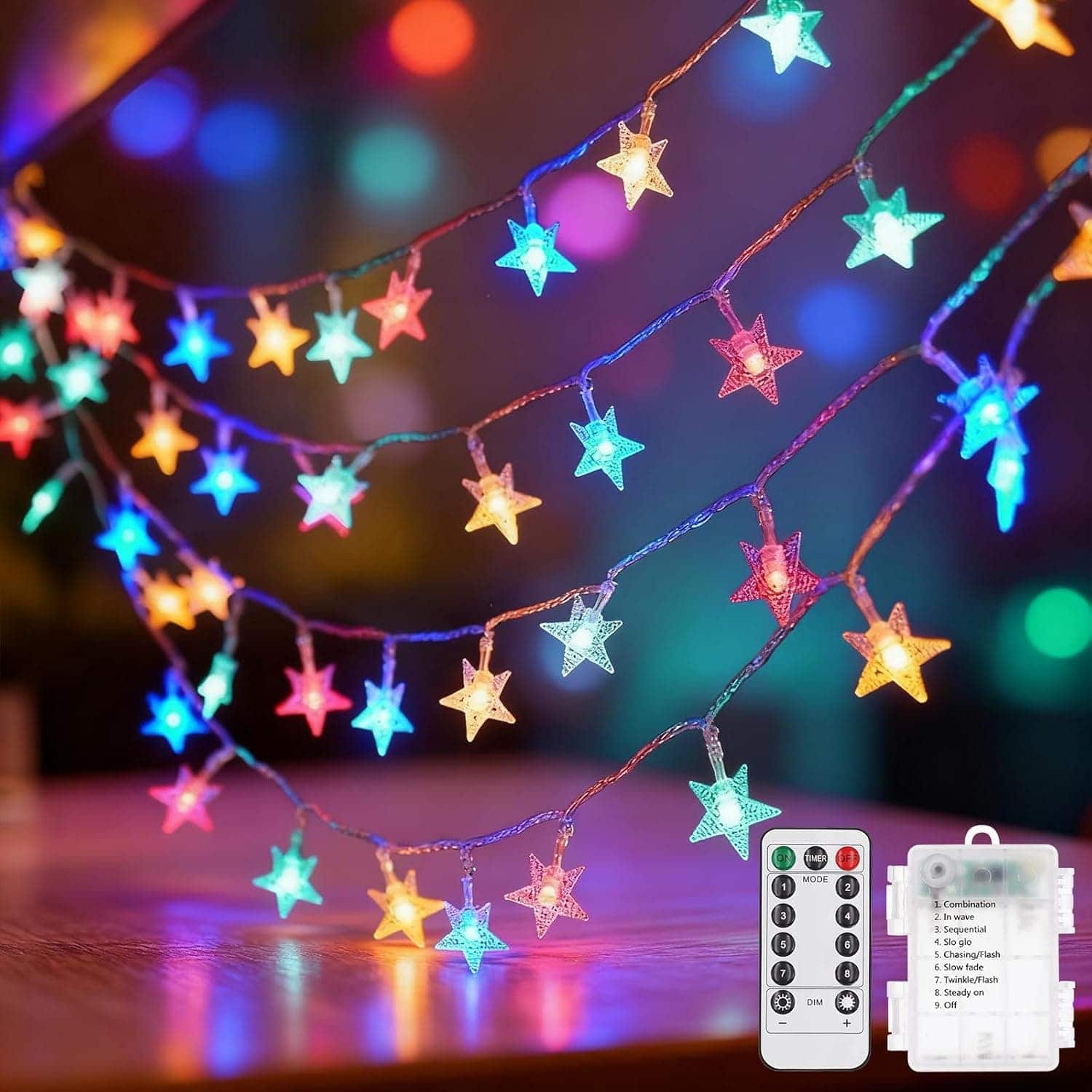 FINEAK - 33ft 100 LED Star Fairy Lights - 8 Modes Battery Operated Waterproof Multicolor