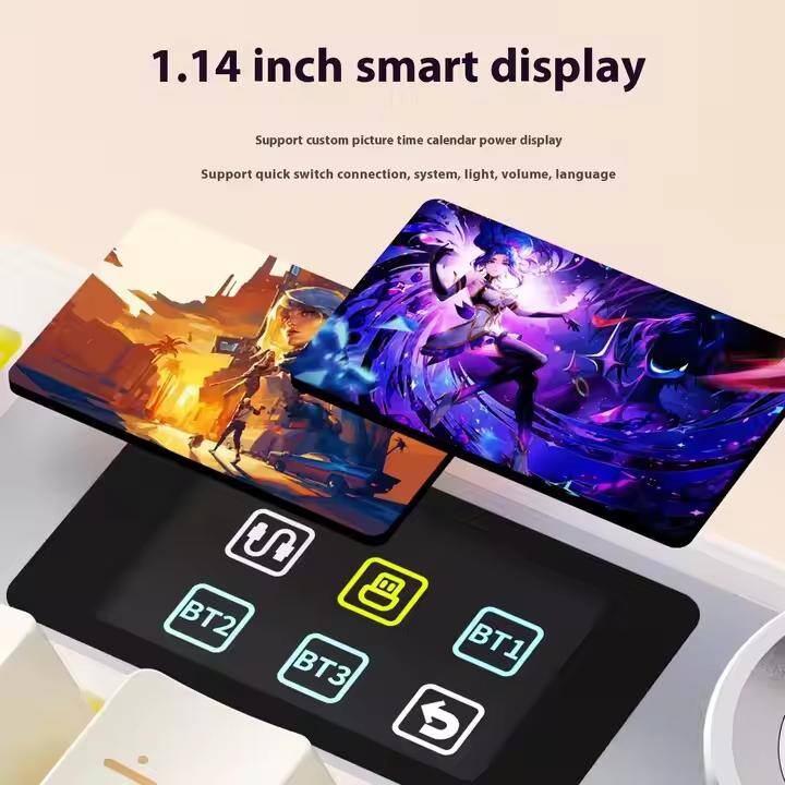 1.14 inch smart display

Support custom picture time calendar power display

Support quick switch connection, system, light, volume, language

BT2 BT3 BT1