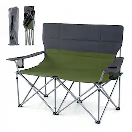 Costway - Double Camping Chair with Carry Bag, 2 Cup Holders, Premium Oxford Fabric for Lawn - Green+Gray