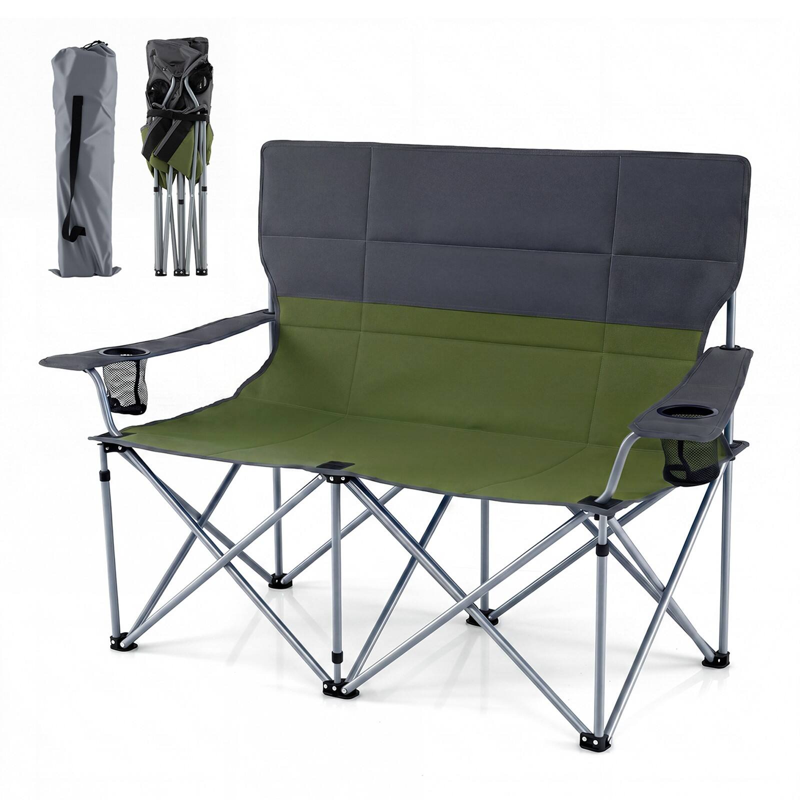 Front. Costway - Costway Double Camping Chair with Carry Bag, 2 Cup Holders, Premium Oxford Fabric for Lawn - Green+Gray.