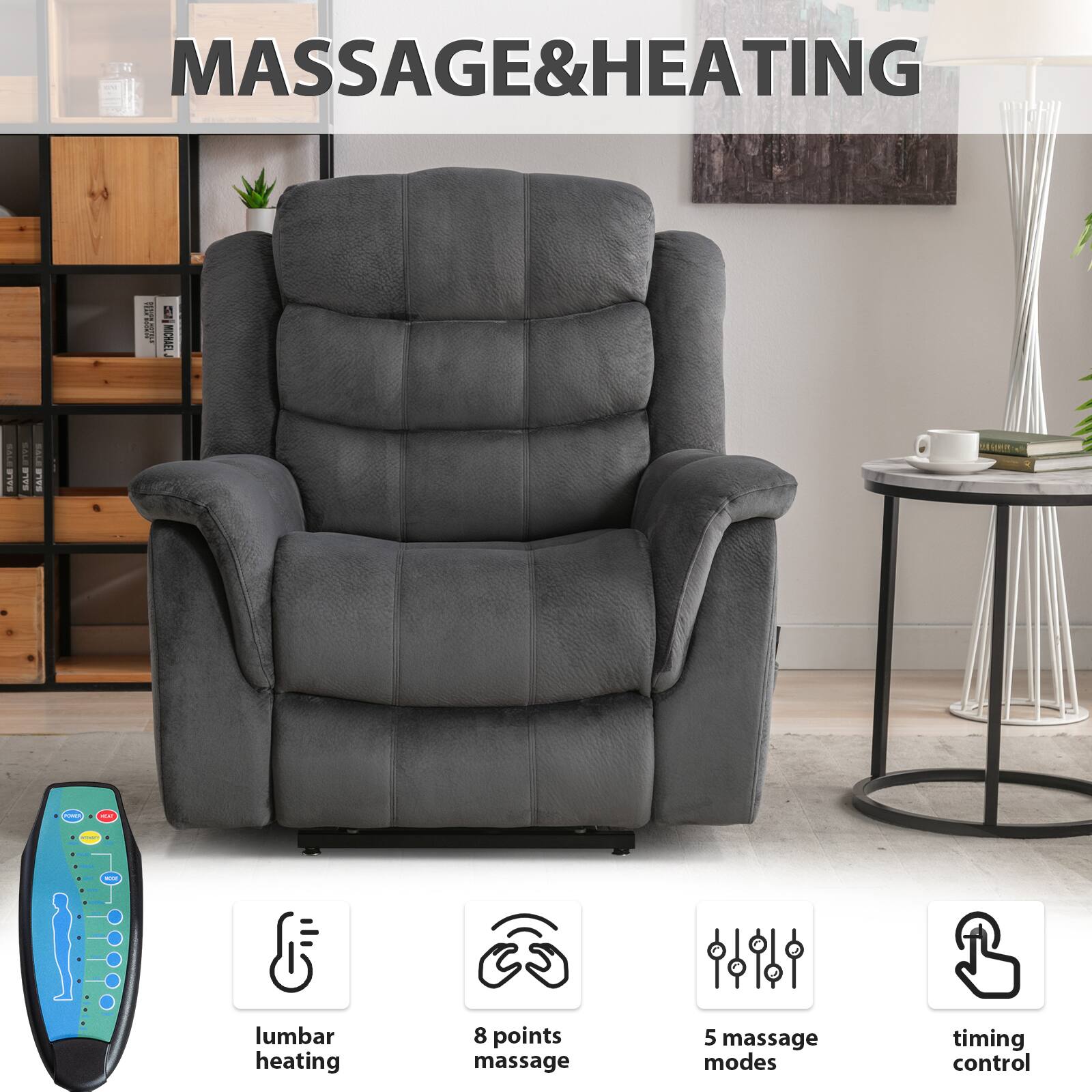 MASSAGE & HEATING i E E SRCKAL SALE STES I BYS SALE SALE 2Em - - lumbar heating 8 points massage 5 massage modes timing control