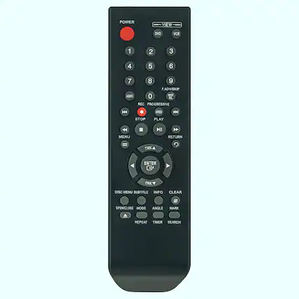 POWER VIEW DVD VCR 1 2 3 4 5 6 7 AUDIO 8 9 F.ADV/SKIP 0 NPUT SL REC PROGRESSIVE KH SPEED D STOP PLAY 44 I H MENU RETURN L10 TRK ENTER TRK DISC MENU SUBTITLE INFO CLEAR OPENICLOSE MODE ANGLE MARK REPEAT TIMER SEARCH