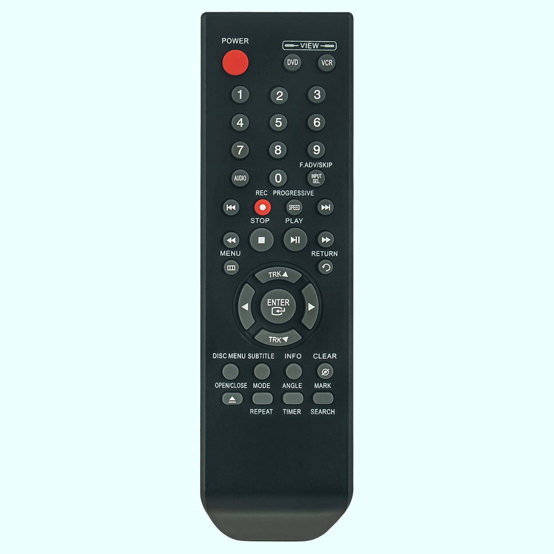 POWER VIEW DVD VCR 1 2 3 4 5 6 7 AUDIO 8 9 F.ADV/SKIP 0 NPUT SL REC PROGRESSIVE KH SPEED D STOP PLAY 44 I H MENU RETURN L10 TRK ENTER TRK DISC MENU SUBTITLE INFO CLEAR OPENICLOSE MODE ANGLE MARK REPEAT TIMER SEARCH