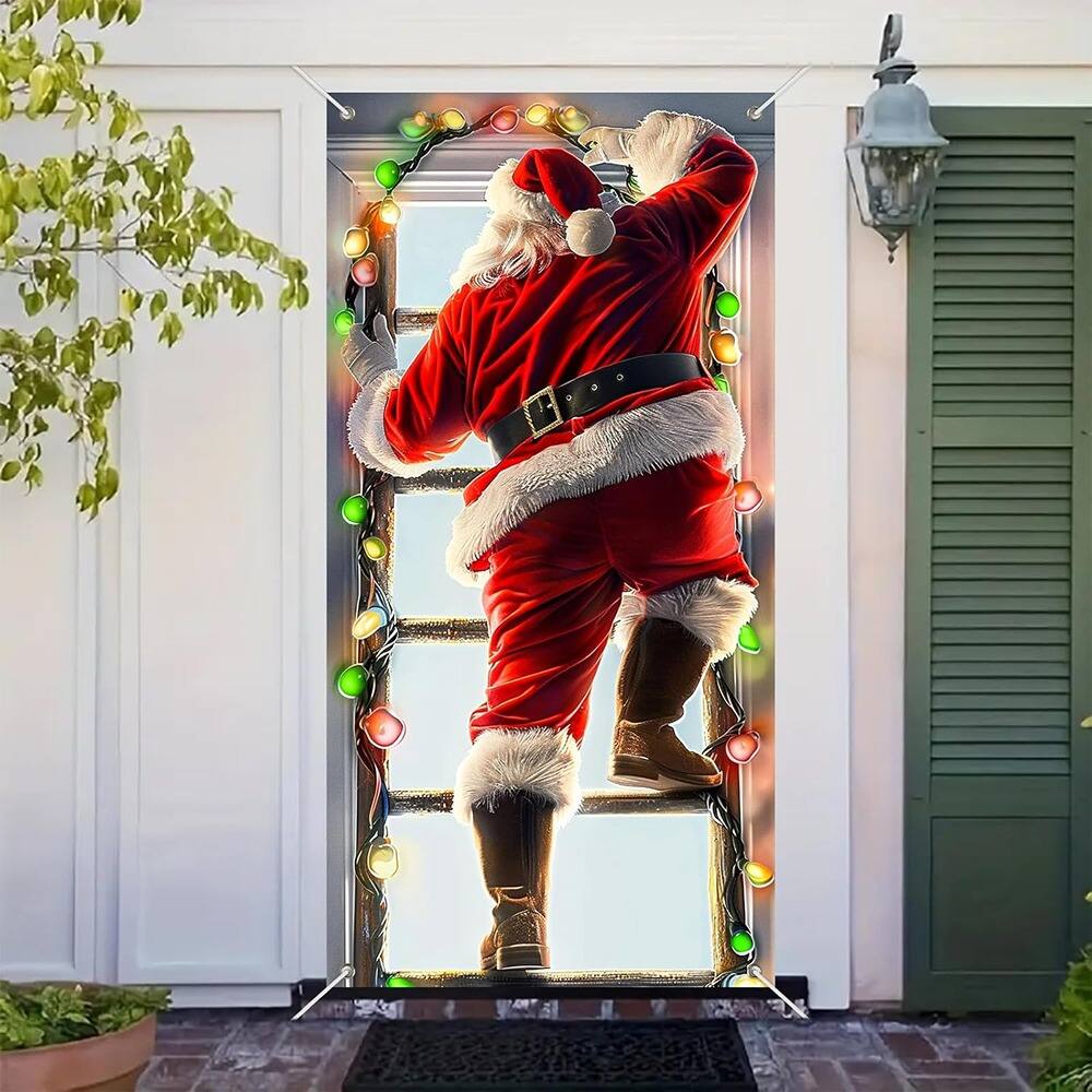 Angle. MOSZAR LLC - Santa Climbing Ladder Door Cover, 35x71" Holiday Banner with Lights - red.