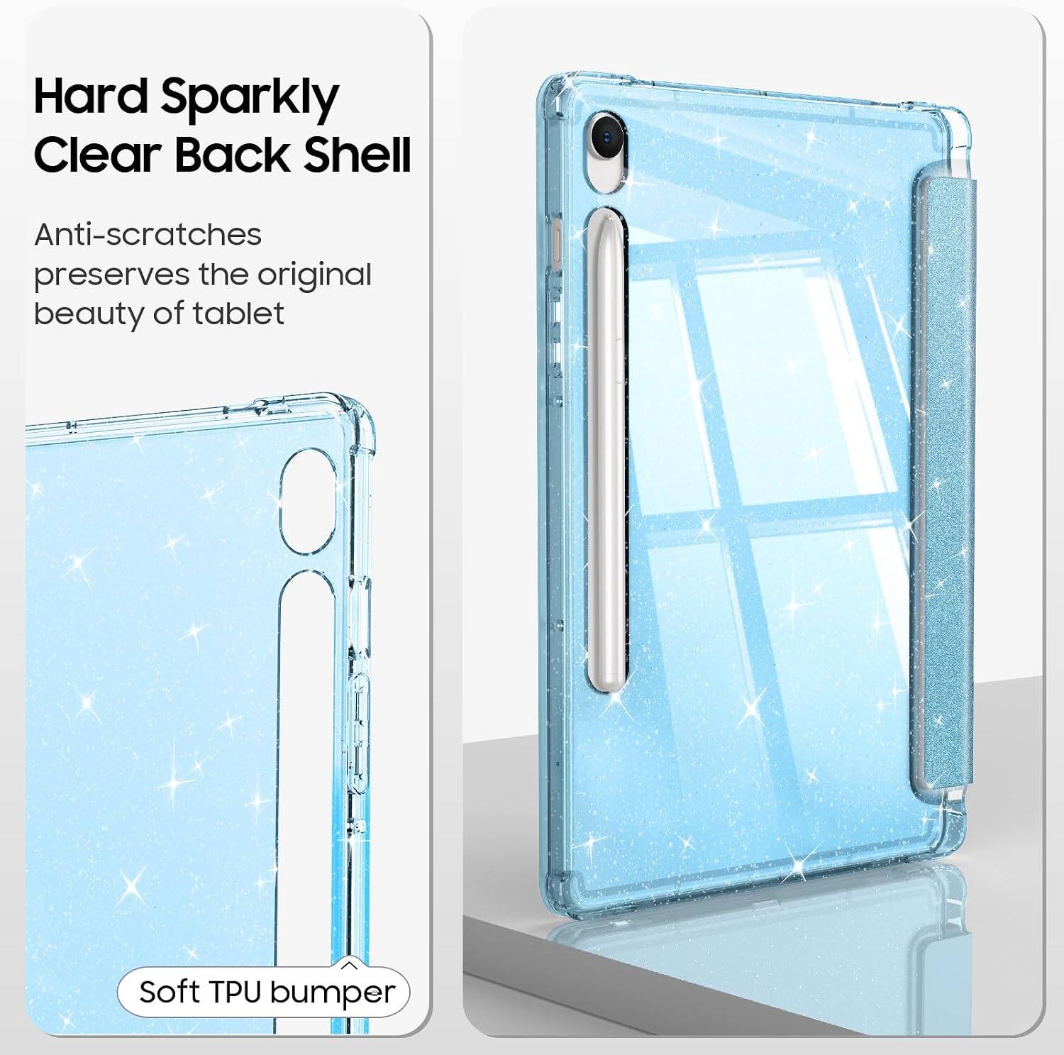 Hard Sparkly Clear Back Shell

Anti-scratches preserves the original beauty of tablet

Soft TPU bumper