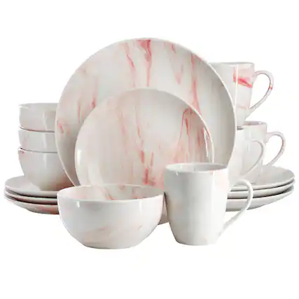 Front. Elama - Elama Fine Marble 16 Piece Porcelain Dinnerware Set in Red - Red.