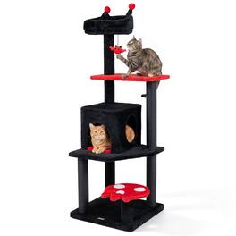 Gymax - 57'' Gothic Cat Tree for Indoor Cats w/ Padded Perch 2-Entry Condo Hanging Toy Red & Black