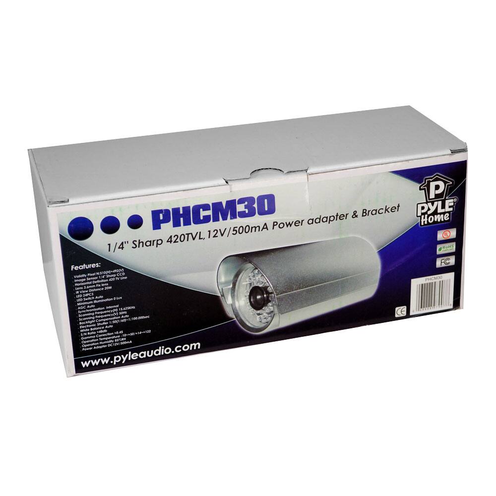 PHCM30  
1/4" Sharp 420TVL, 12V/500mA Power adapter & Bracket  

Features:  
- Validity Pixel: 510k-man  
- 3-re  
- FC  
- Valitity Pieel  
- es10e-man  
- 3re  
- PHM30  
- 2PCS  
- AL  
- Seitch OSu  
- A Auto  
- HATSO  
- 7PT on Pc  
- E Song n Au  
- Sconning  
- F Bckngn Stumer  
- LIMNT PA Ae Aut  
- 120  
- 2 S Aa Comecton  
- 0-~50/3-2  
- Rempenale Beruam Ca  
- /0  
- Adop  
- Poe  

www.pyleaudio.com