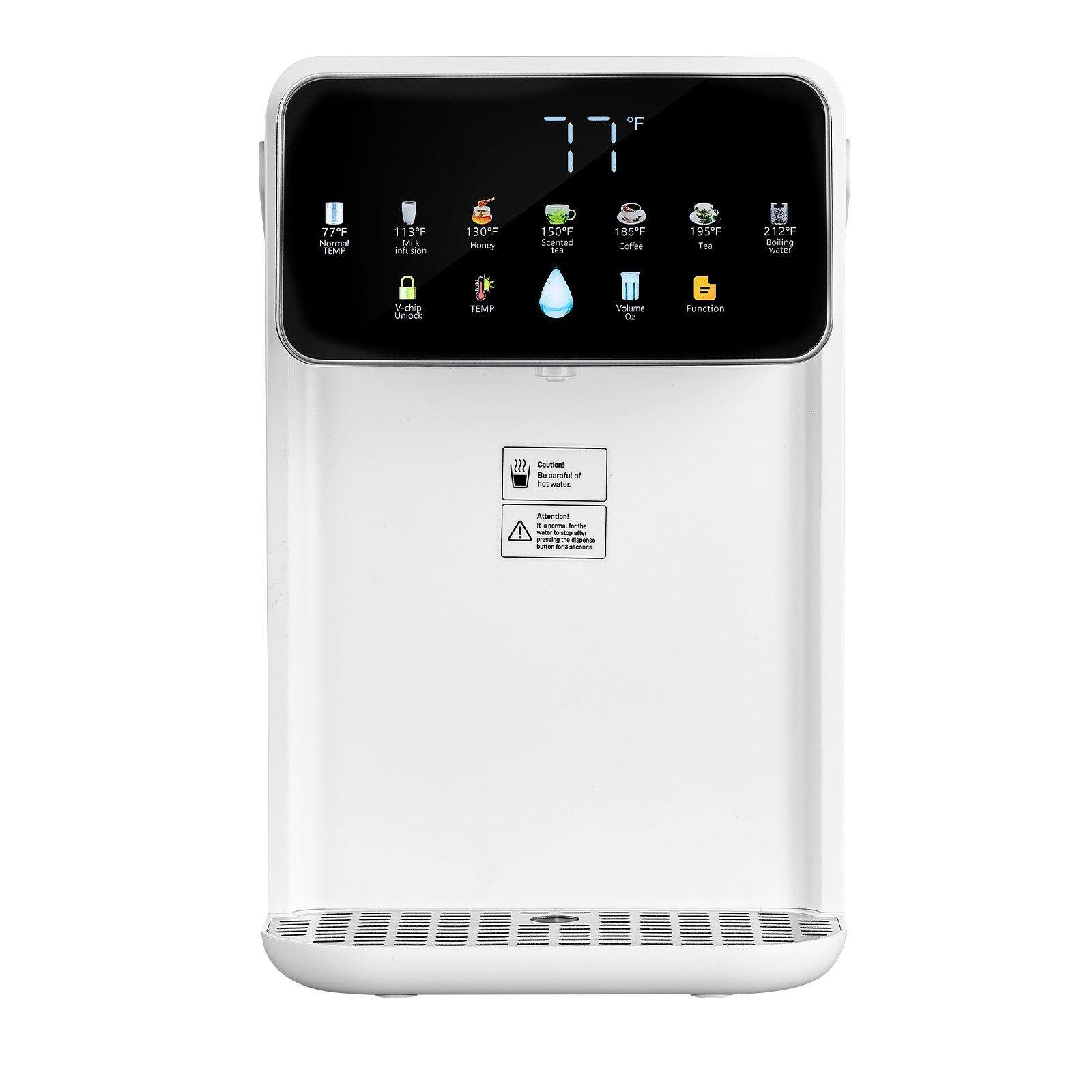 Sure, here is the corrected and grouped text from the image:

**Temperature Settings:**
- 77°F: Neutral
- 113°F: Infusion
- 130°F: Honey
- 150°F: Scented Leaf
- 185°F: Coffee
- 195°F: Tea
- 212°F: Boiling

**Additional Features:**
- V-chip
- Lock
- TEMP
- Volume
- Function

**Warning:**
- Caution: Hot water
- Do not touch the hot water
- Do not touch the hot water

**Instructions:**
- Do not pour hot water into the water tank
- Do not pour hot water into the water tank
- Do not touch the hot water

**Note:**
- Do not touch the hot water