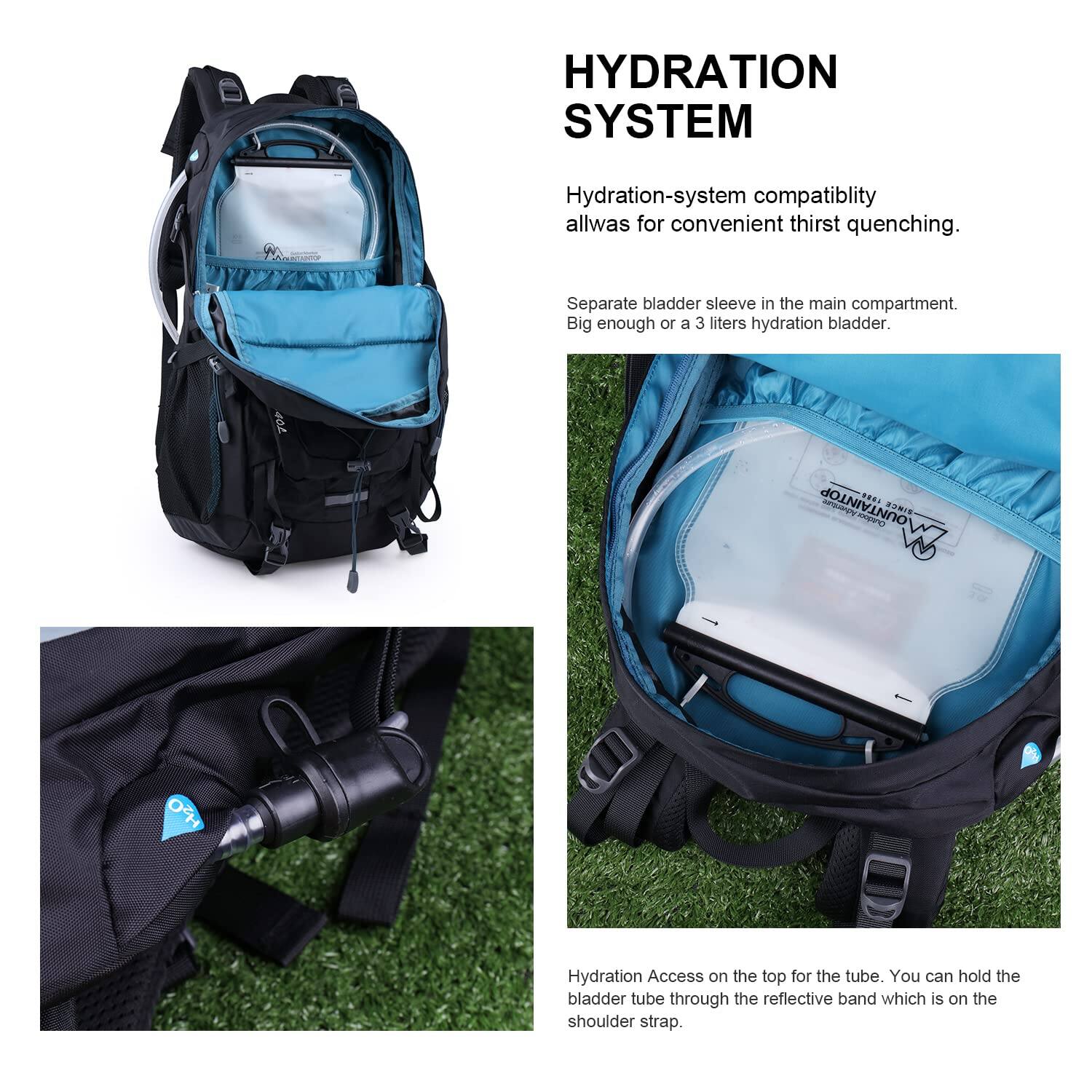 HYDRATION SYSTEM

Hydration-system compatibility allwas for convenient thirst quenching.

Separate bladder sleeve in the main compartment. Big enough or a 3 liters hydration bladder.

Hydration Access on the top for the tube. You can hold the bladder tube through the reflective band which is on the shoulder strap.