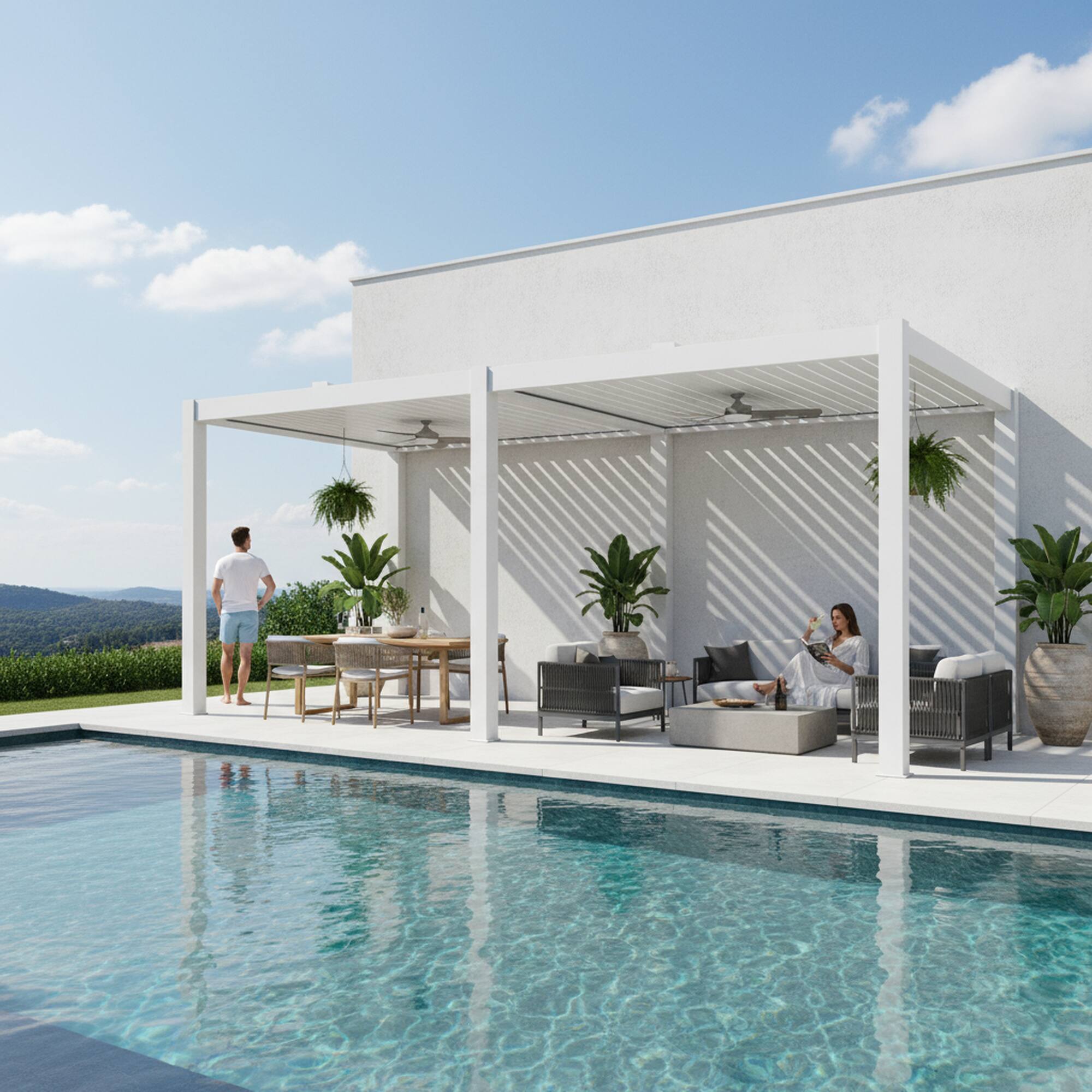 Left. Mondawe - 13ft x 26ft Solar-Powered Aluminum Pergola with Adjustable Louvers and Hidden Drainage System - White.