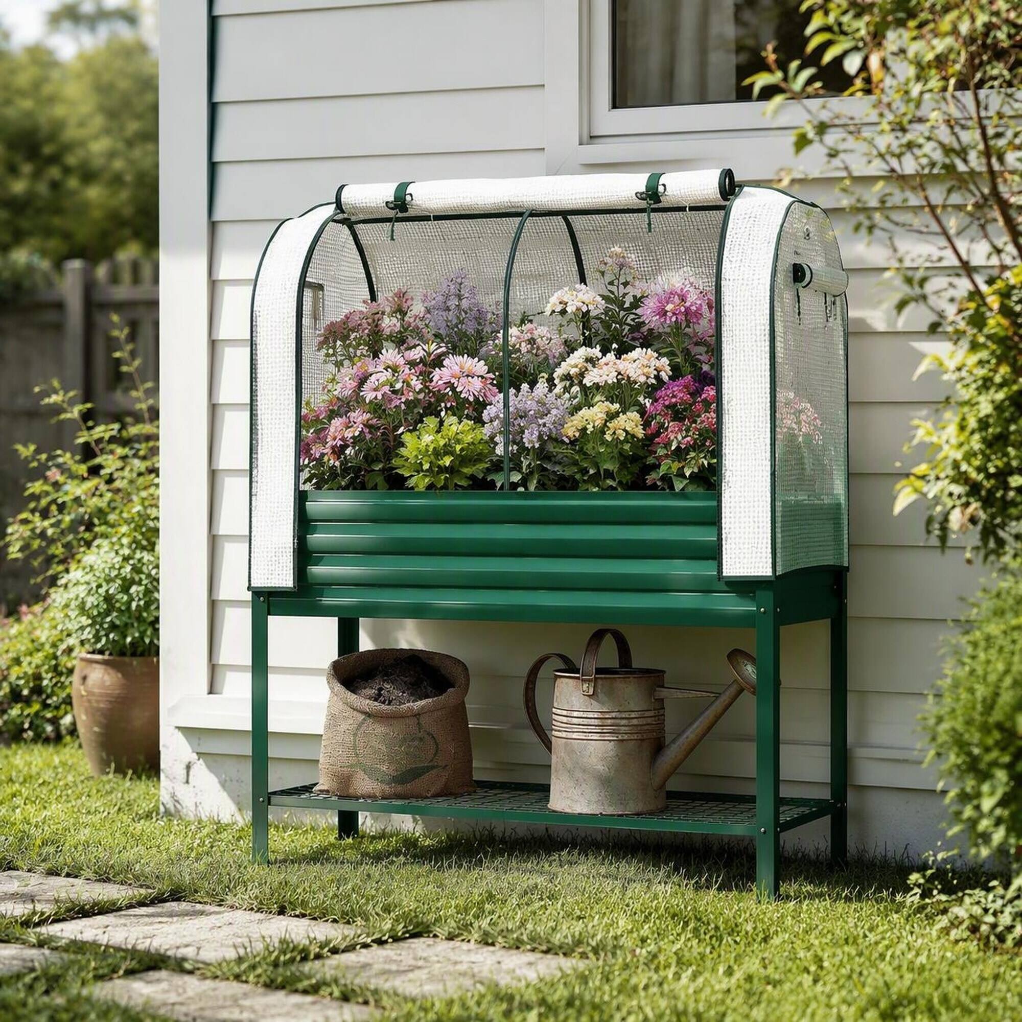 Angle. RYHNUYNE - Raised Garden Bed with Greenhouse Cover, Galvanized Metal Planter Box on Legs with Mesh Shelf, 44 Gallon Outdoor - Green.