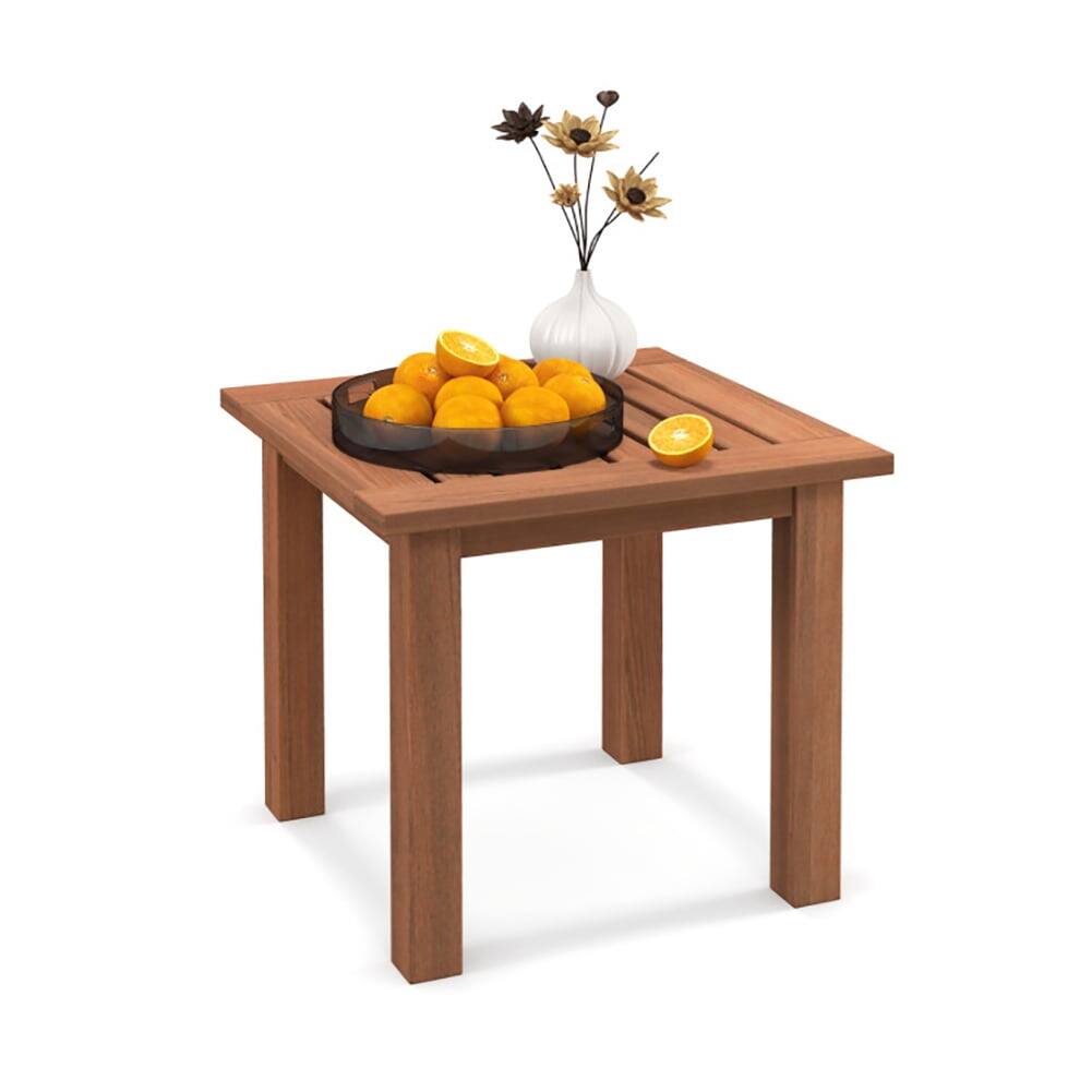 Left. Pefilos - Small Hardwood Outdoor Coffee Side Table with Slatted Tabletop for Outside Patio, Square - Brown.