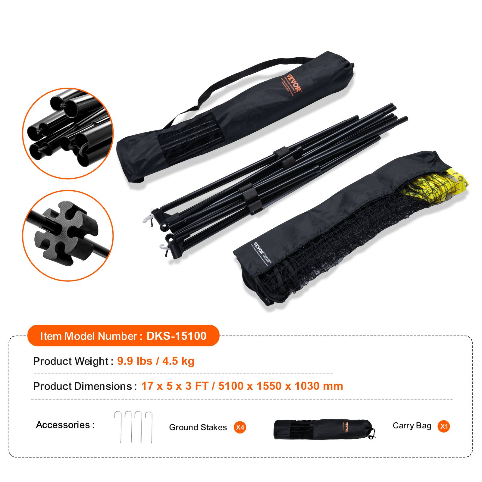 Item Model Number: DKS-15100

Product Weight: 9.9 lbs / 4.5 kg

Product Dimensions: 17 x 5 x 3 FT / 5100 x 1550 x 1030 mm

Accessories:
- Ground Stakes x4
- Carry Bag x1