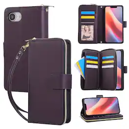Dteck - Crossbody Wallet Case for Apple iPhone 17e, Shockproof Zipper Pocket PU Leather Folio Cover with 9 Card Slots - Darkpurple