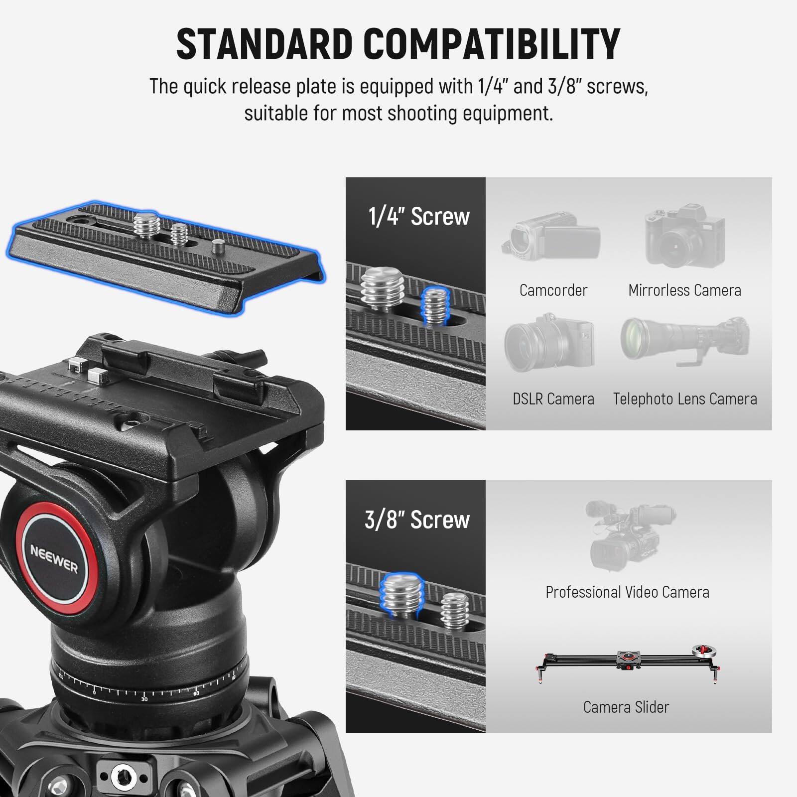STANDARD COMPATIBILITY

The quick release plate is equipped with 1/4" and 3/8" screws, suitable for most shooting equipment.

1/4" Screw
- Camcorder
- Mirrorless Camera
- DSLR Camera
- Telephoto Lens Camera

3/8" Screw
- Professional Video Camera
- Camera Slider