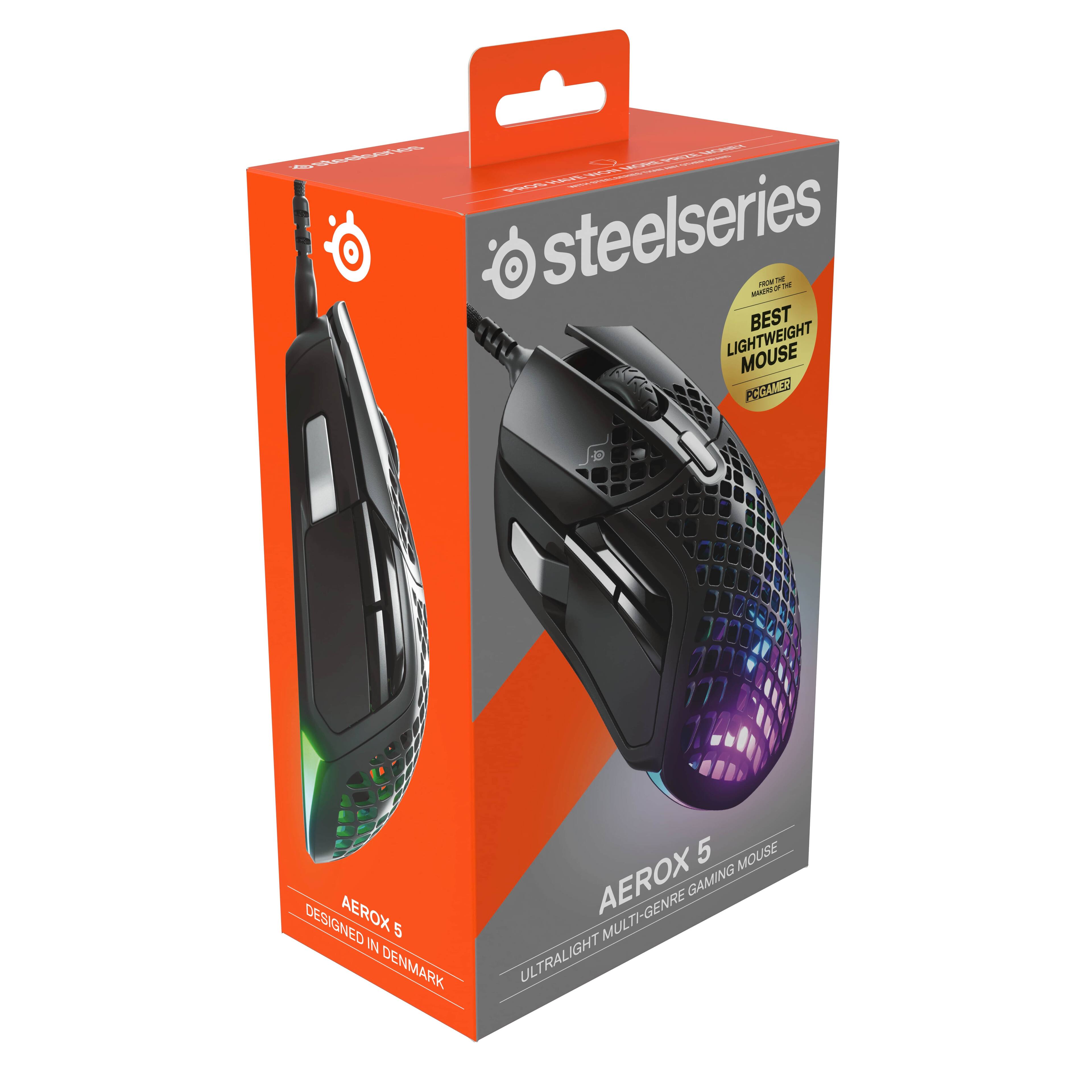 The text on the image reads: "Steelseries / Aerox 5 / Best lightweight mouse / Gaming / Multi-genre / Ultra-light."