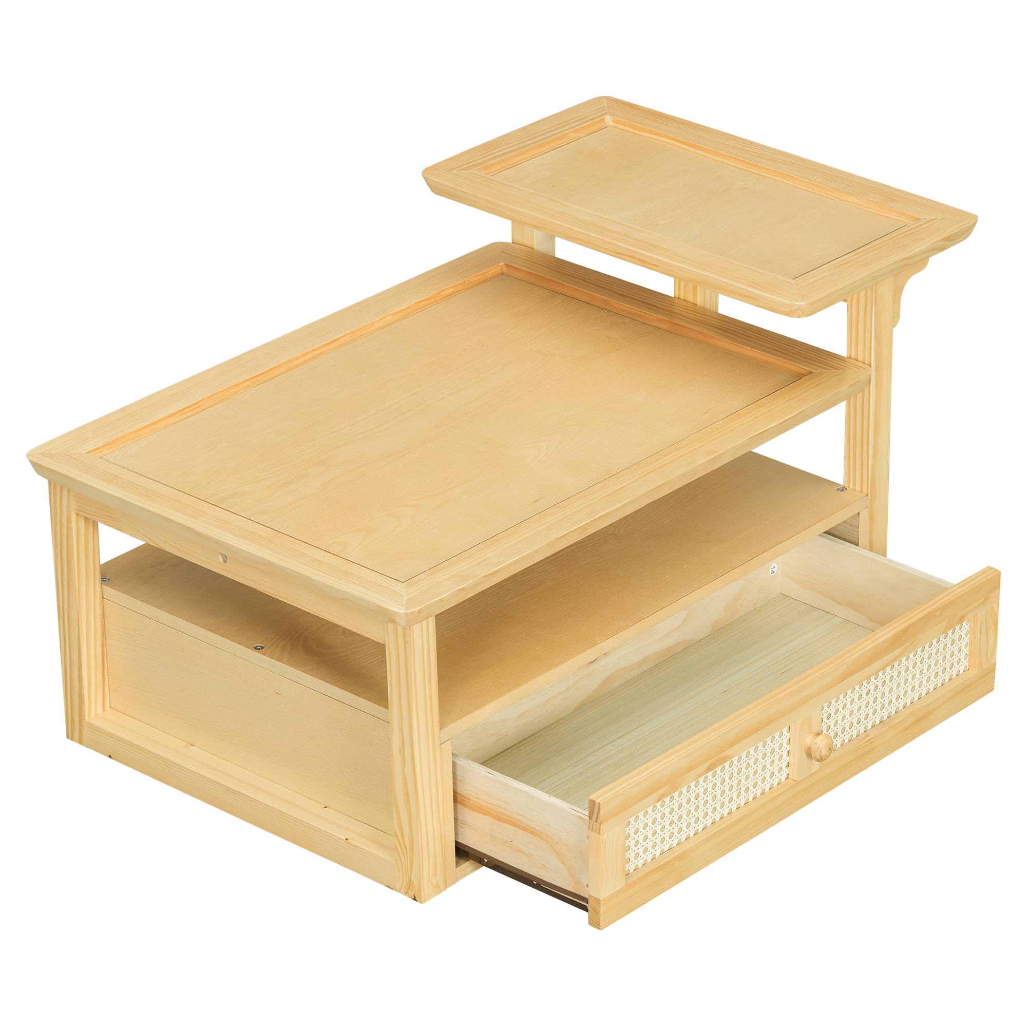 Alt View 6. Bestier - Modern Coffee Table with 1 Storage Shelf 2 Tabletops and 1 Rattan Drawer Perfect for Living Room Decoration - Natural.