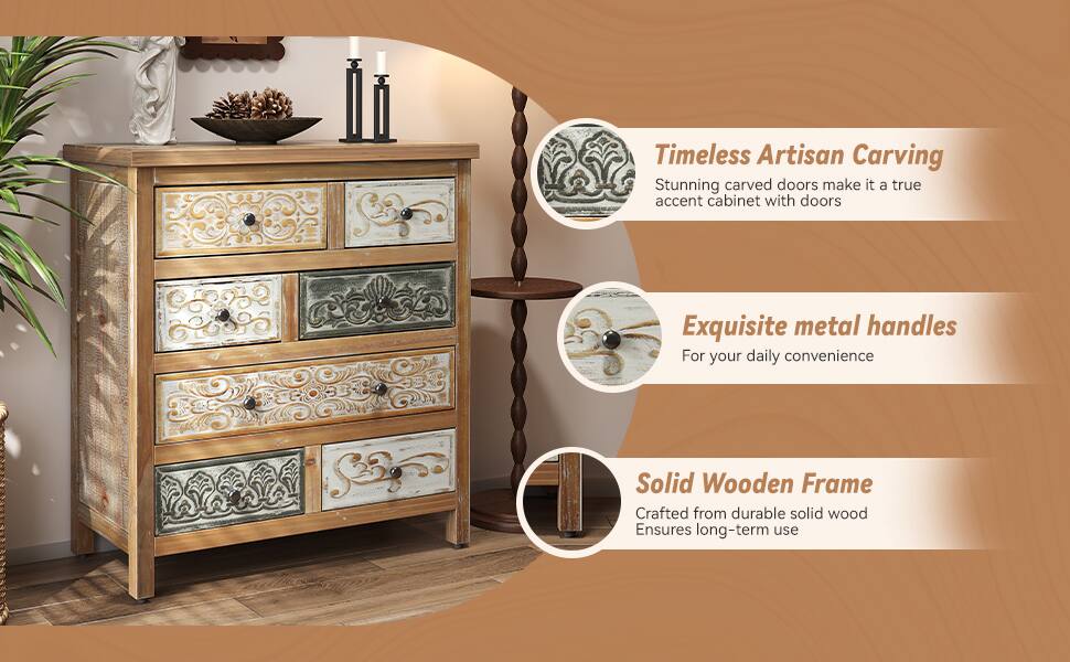 Timeless Artisan Carving  
Stunning carved doors make it a true accent cabinet with doors  

Exquisite metal handles  
For your daily convenience  

Solid Wooden Frame  
Crafted from durable solid wood  
Ensures long-term use