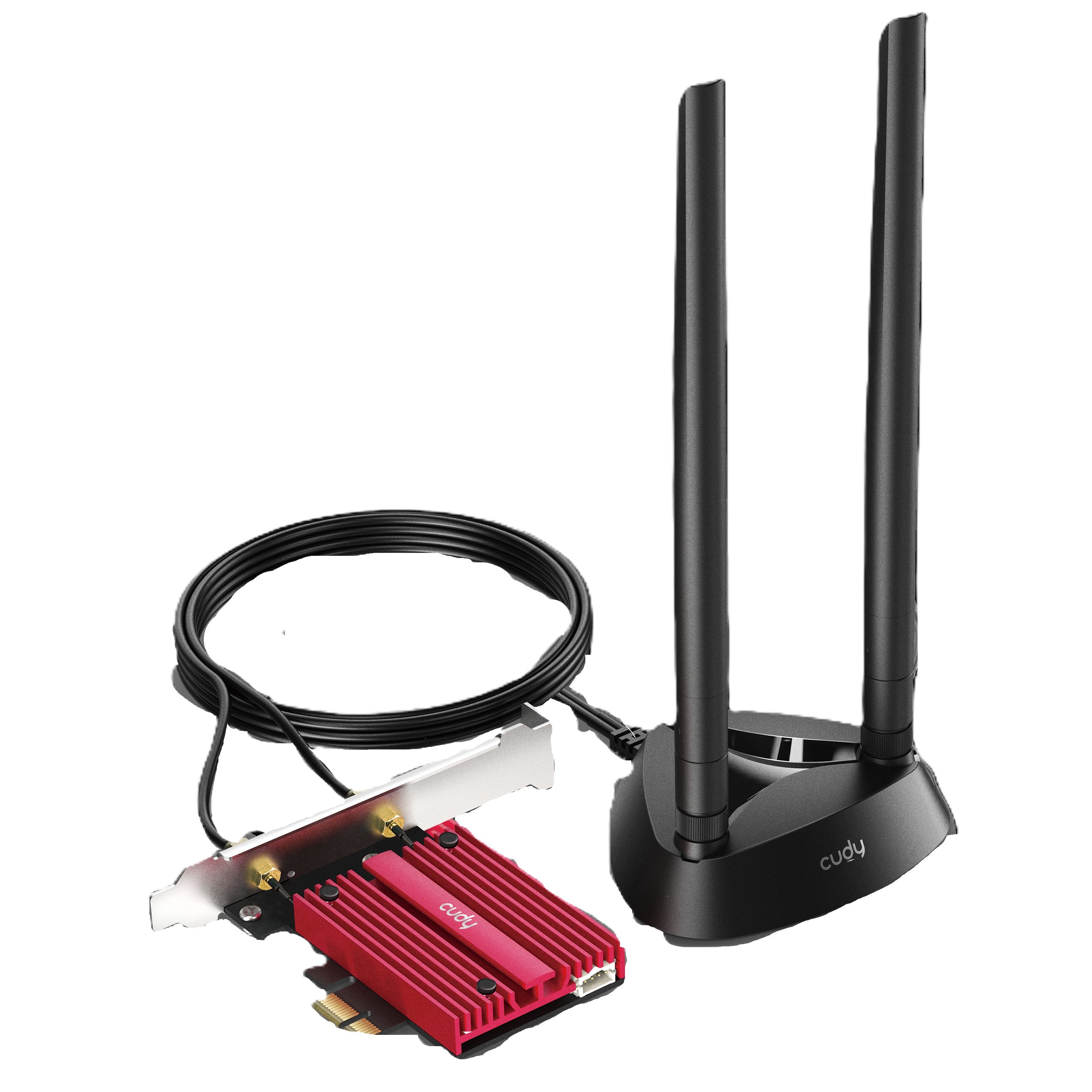 Cudy - AX5400 Wi-Fi 6E PCI E Adapter,2402Mbps at 6Ghz + 574Mbps at 2.4GHz,Magnetized antenna base,high gain detachable antennas - Red and Metal