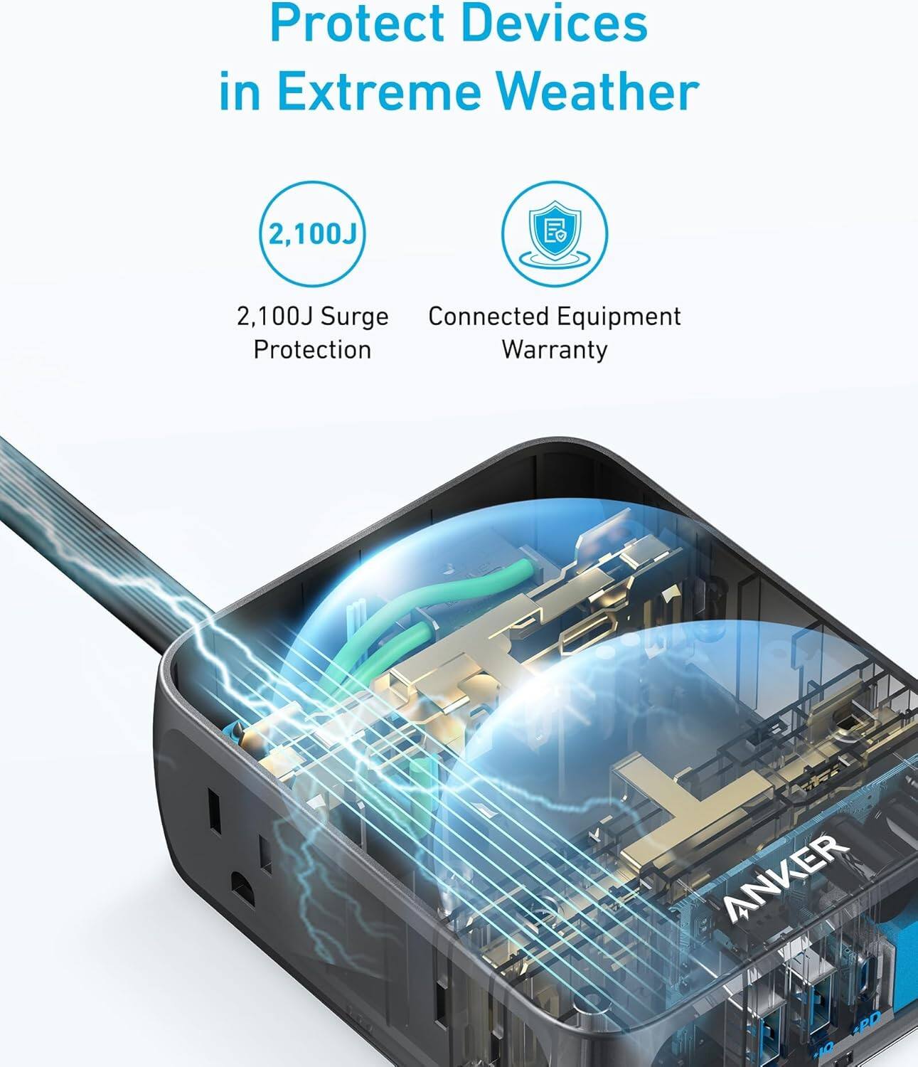 Protect Devices in Extreme Weather

2,100J Surge Protection

Connected Equipment Warranty

ANKER PD