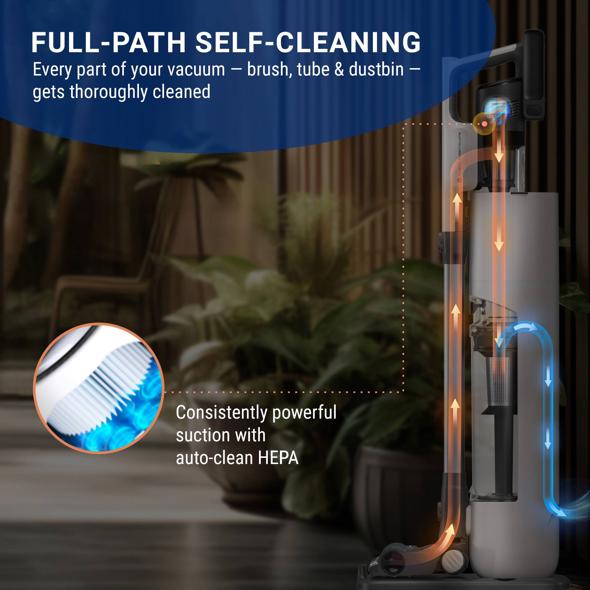 FULL-PATH SELF-CLEANING  
Every part of your vacuum — brush, tube & dustbin — gets thoroughly cleaned  

Consistently powerful suction with auto-clean HEPA