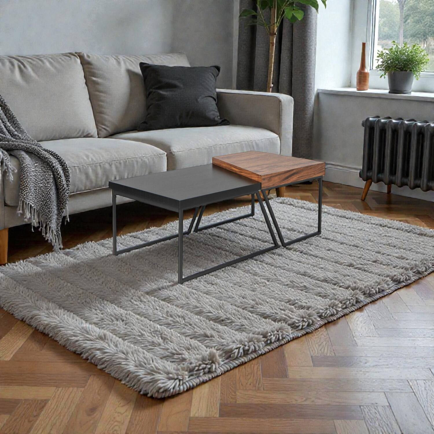 Angle. Hivvago - Two-Piece Coffee Table Set Featuring Durable Metal Legs with Powder Finish - Black.