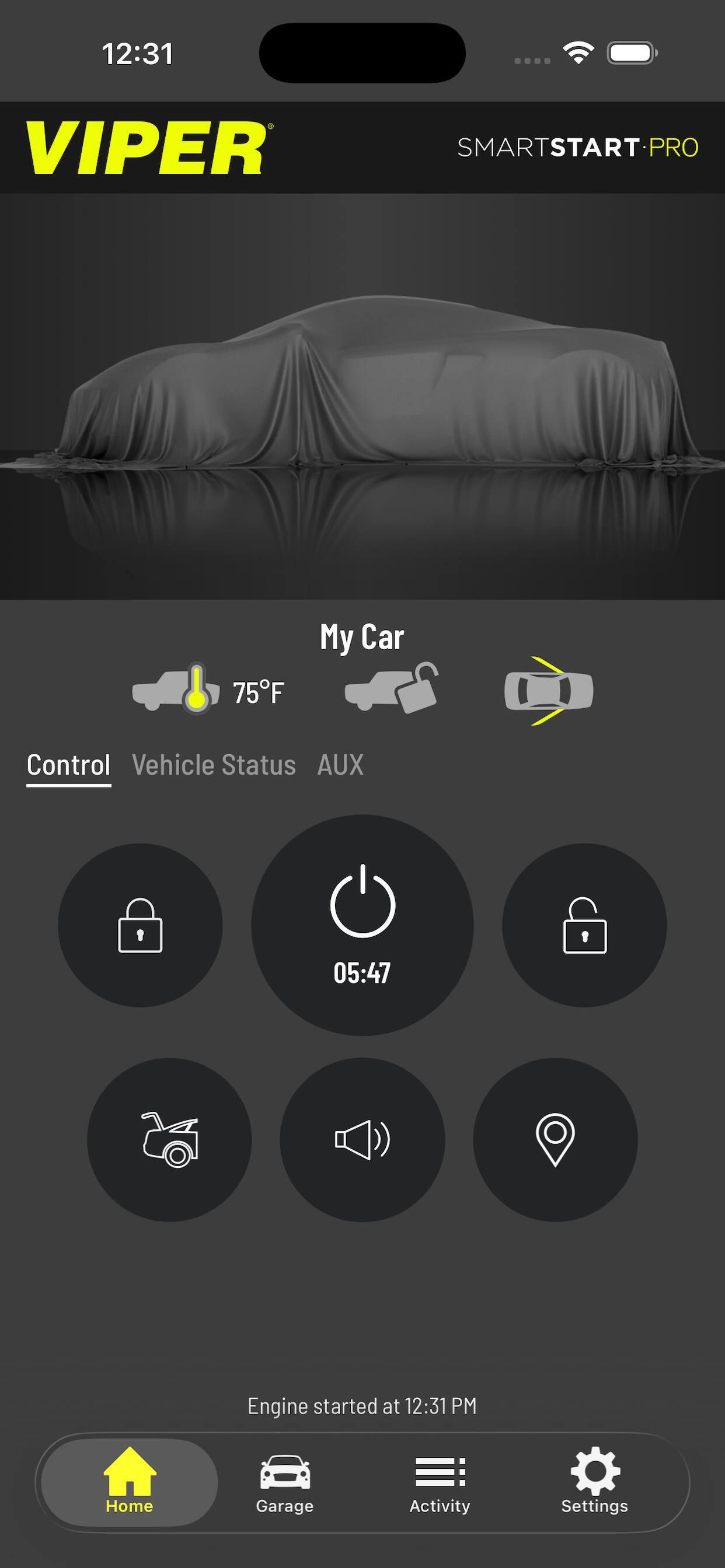 12:31  
VIPER  
SMARTSTART-PRO  

My Car  
75°F  

Control  
Vehicle Status  
AUX  

05:47  
Engine started at 12:31 PM  

Home  
Garage  
Activity  
Settings