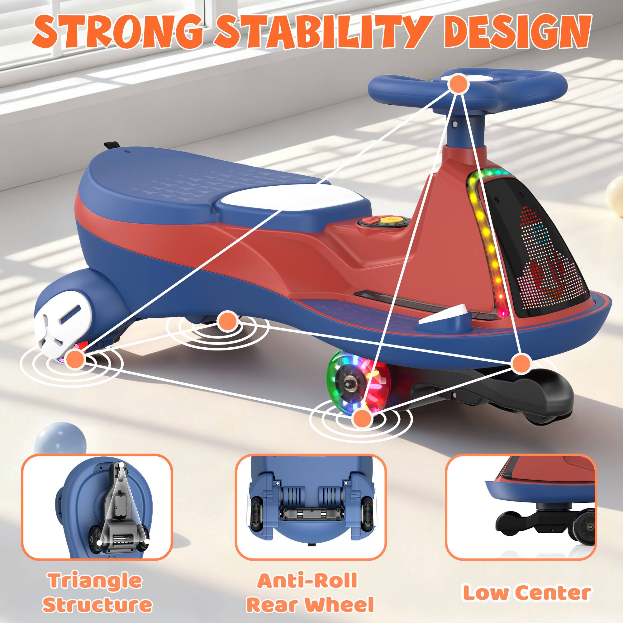 STRONG STABILITY DESIGN

- Triangle Structure
- Anti-Roll Rear Wheel
- Low Center