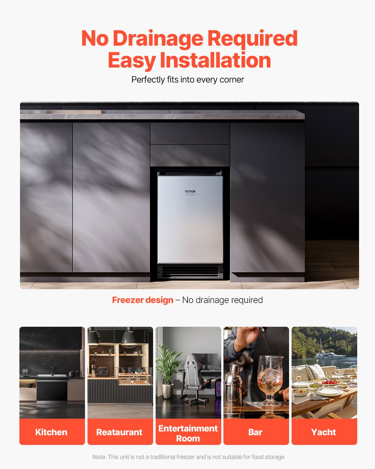 No Drainage Required  
Easy Installation  
Perfectly fits into every corner  

Freezer design – No drainage required  

Kitchen  
Restaurant  
Entertainment Room  
Bar  
Yacht  

Note: This unit is not a traditional freezer and is not suitable for food storage