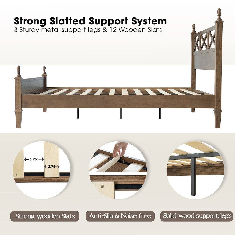 Strong Slatted Support System  
3 Sturdy metal support legs & 12 Wooden Slats  
3.75" x 2.75"  
Strong wooden Slats  
Anti-Slip & Noise free  
Solid wood support legs