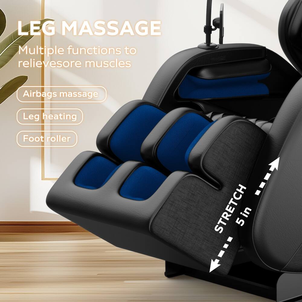 LEG MASSAGE  
Multiple functions to relieve sore muscles  
Airbags massage  
Leg heating  
Foot roller  
STRETCH 5 in