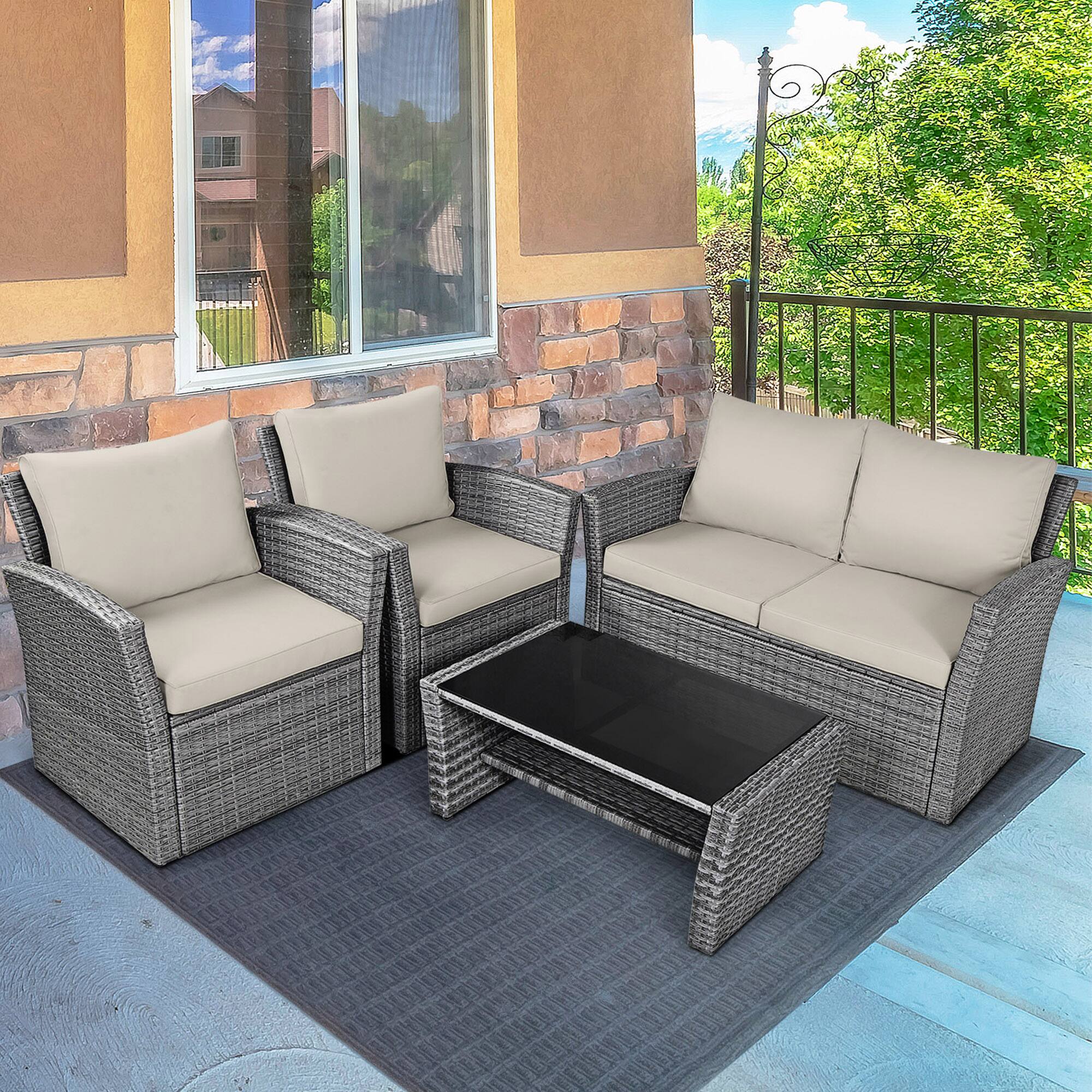 Alt View 3. Gymax - Gymax 4PCS Patio Rattan Conversation Set Outdoor Furniture Set w/ Khaki Cushions - Khaki.