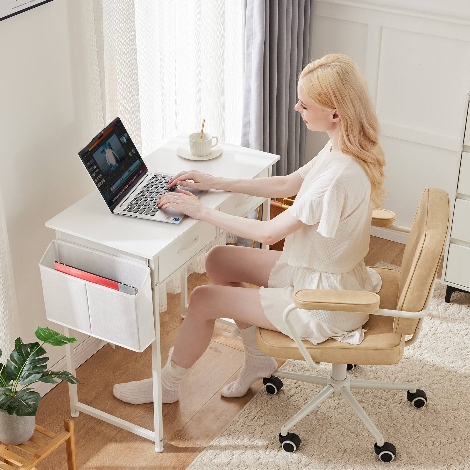 Back. AENKYO - 32" Computer Desk with Fabric Side Bag Headphone Hook for Home Office Bedroom - White.