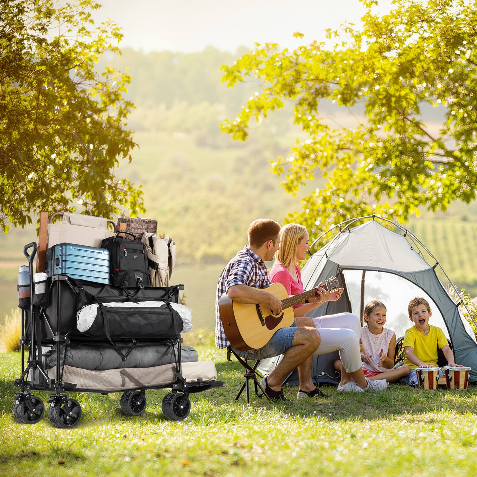 Angle. Sugift - 450lbs Heavy Duty Double Decker Collapsible Folding Wagon Cart with 360° Wheels, and Extra Storage - Black.