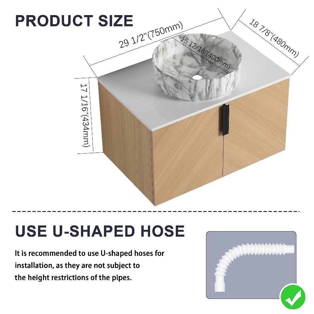 PRODUCT SIZE  
18 7/8" (480mm)  
29 1/2" (750mm)  
15 12/16" (400mm)  
17 1/16" (434mm)

USE U-SHAPED HOSE  
It is recommended to use U-shaped hoses for installation, as they are not subject to the height restrictions of the pipes.