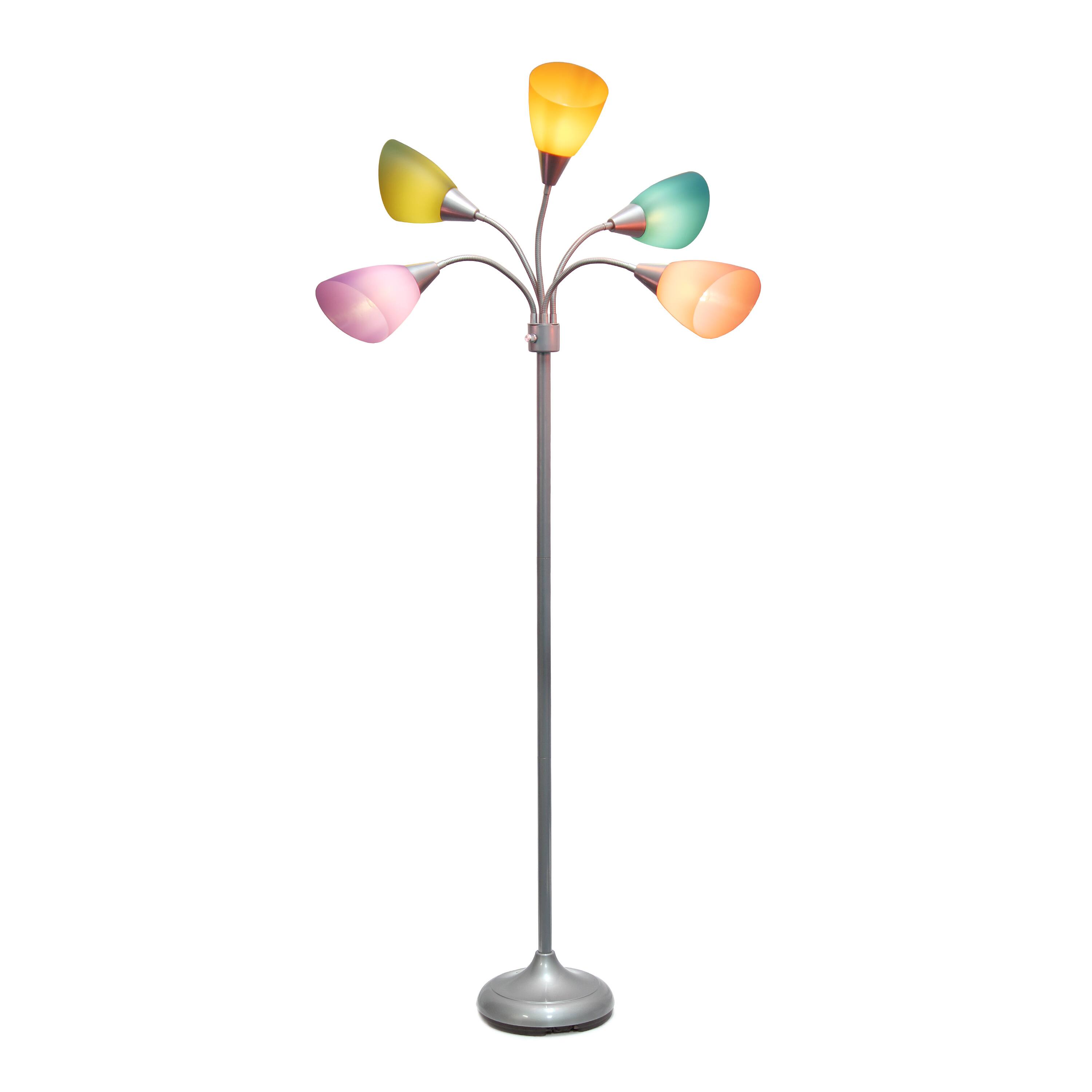 Angle. Simple Designs - 5 Light Adjustable Gooseneck Floor Lamp - Silver/Fun Multicolored Shades.