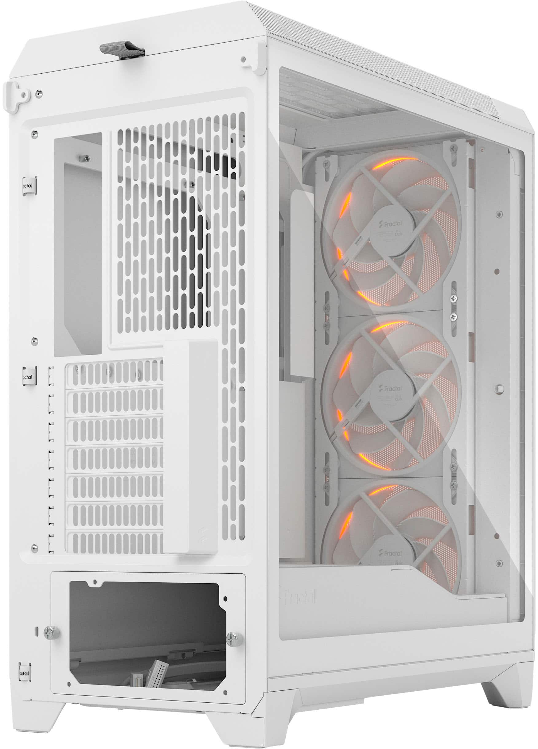 The image shows a white computer case with a fan and a light on. The fan is located on the right side of the case, and the light is on the left side. The case is open, revealing the internal components of the computer.