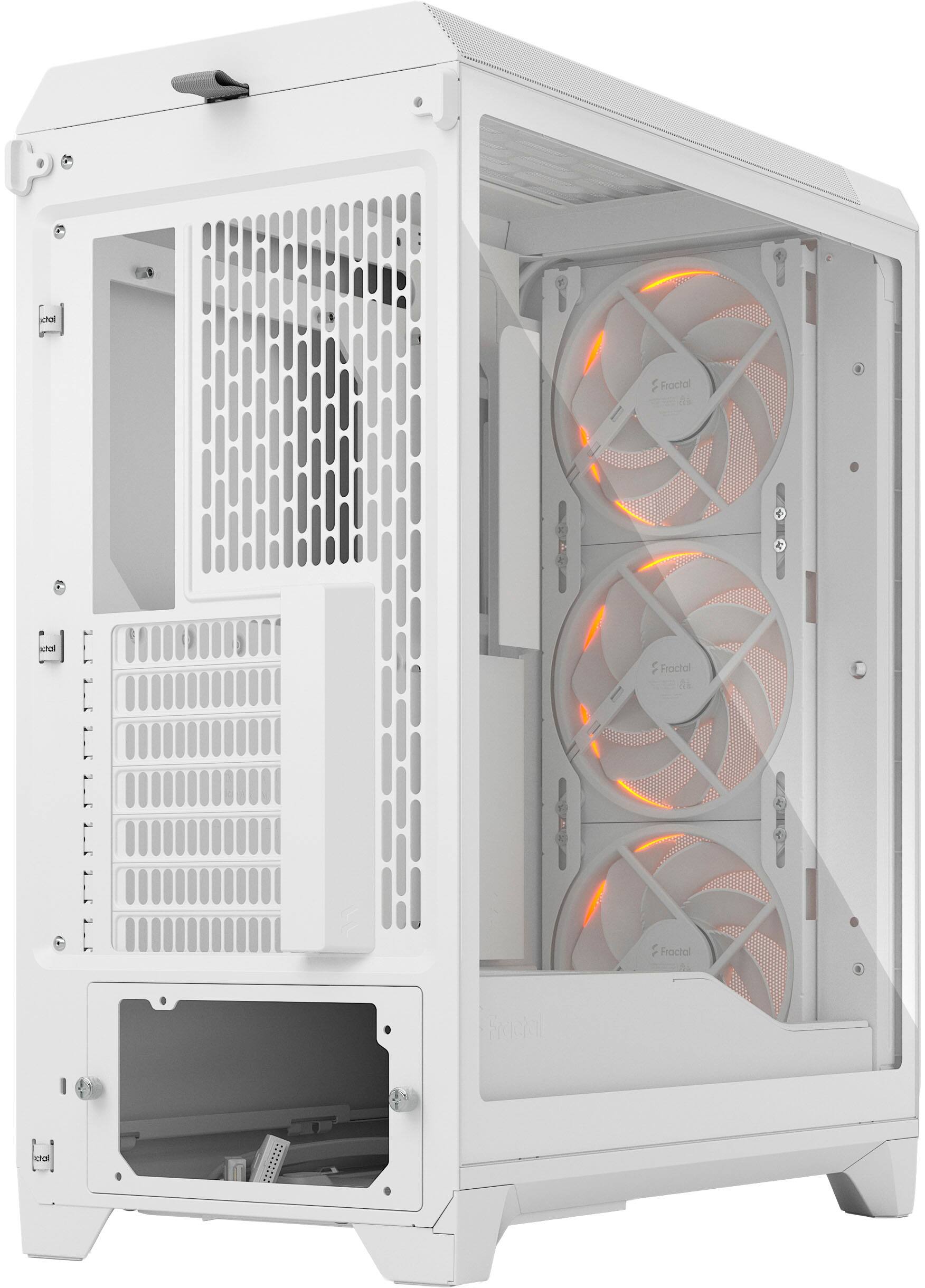 The image shows a white computer case with a fan and a light on. The fan is located on the right side of the case, and the light is on the left side. The case is open, revealing the internal components of the computer.