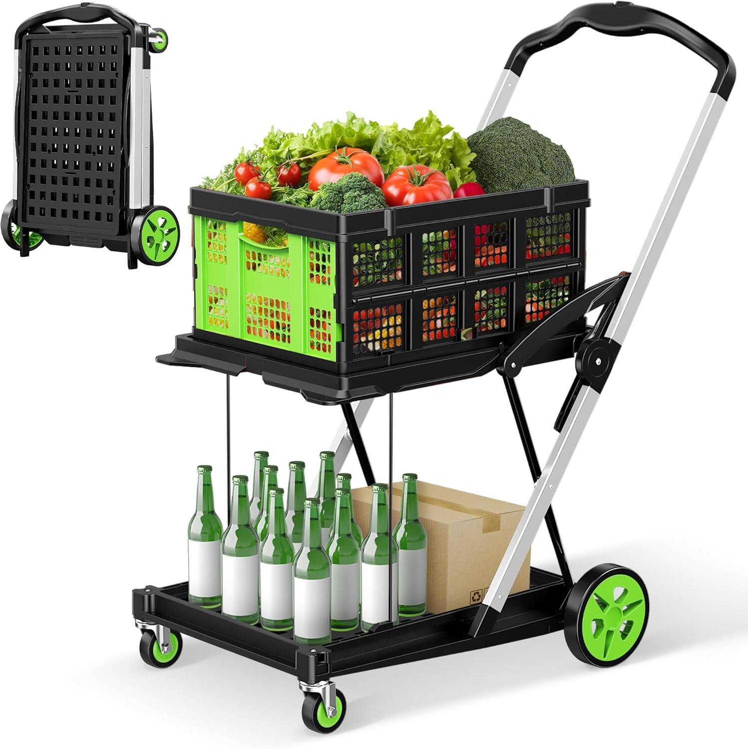 Alt View 5. Silvel - Collapsible Shopping Cart, 8-in-1 200LBS Multi Functional Utility Cart with 1 Storage Crate, Adjustable Handle - Green.
