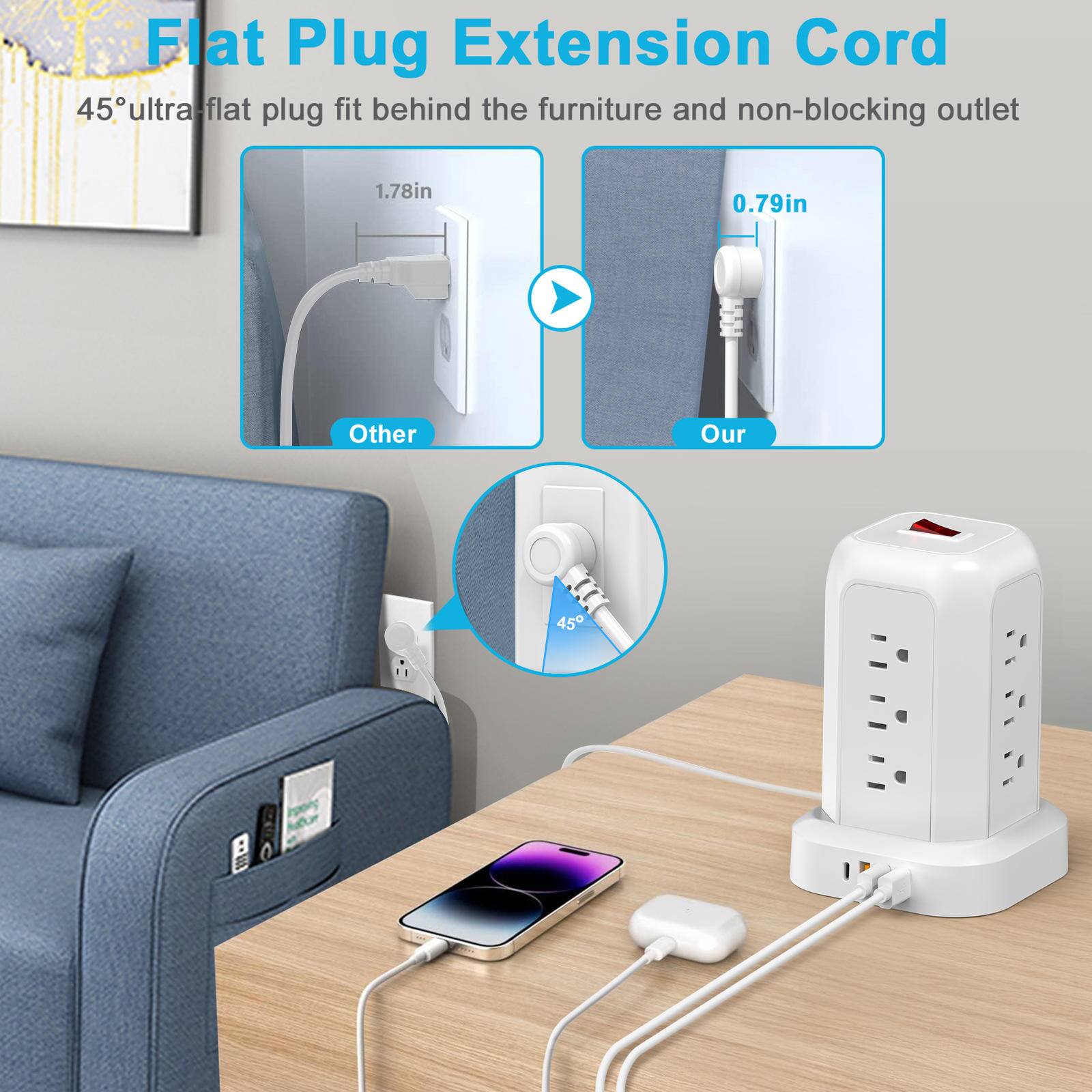 Flat Plug Extension Cord  
45° ultra-flat plug fit behind the furniture and non-blocking outlet  

Other: 1.78in  
Our: 0.79in