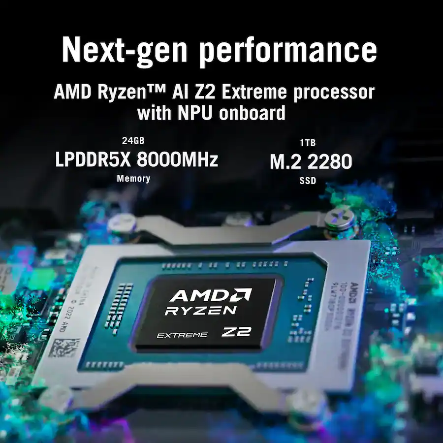 Next-gen performance AMD Ryzen™ AI Z2 Extreme processor with NPU onboard 24GB LPDDR5X 8000MHz Memory 1TB M.2 2280 SSD