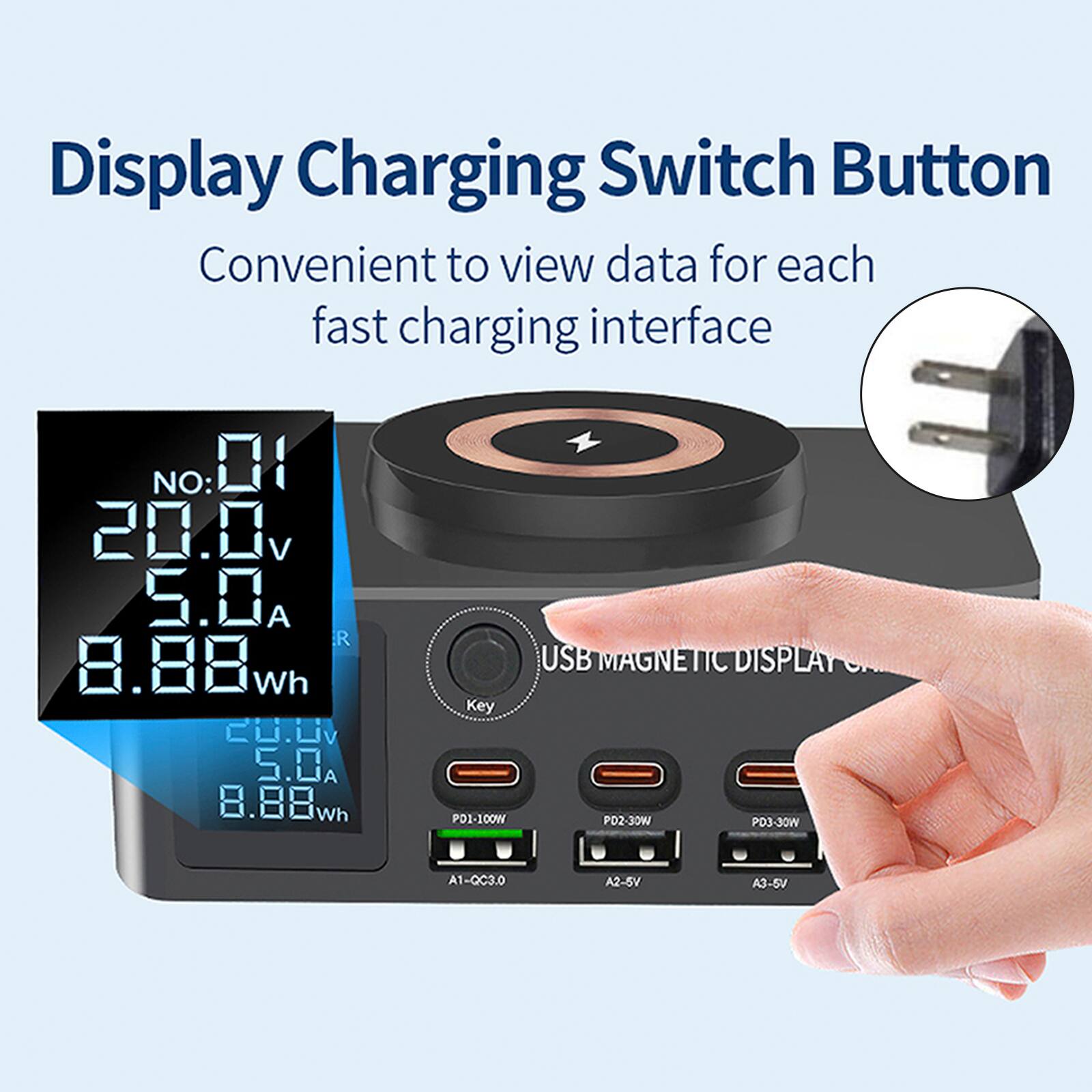 Display Charging Switch Button  
Convenient to view data for each fast charging interface  

NO: 01  
20.0 V  
5.0 A  
8.88 Wh  

Key  
PD1-100W  
PD2-30W  
PD3-30W  
A1-QC3.0  
A2-5V  
A3-5V