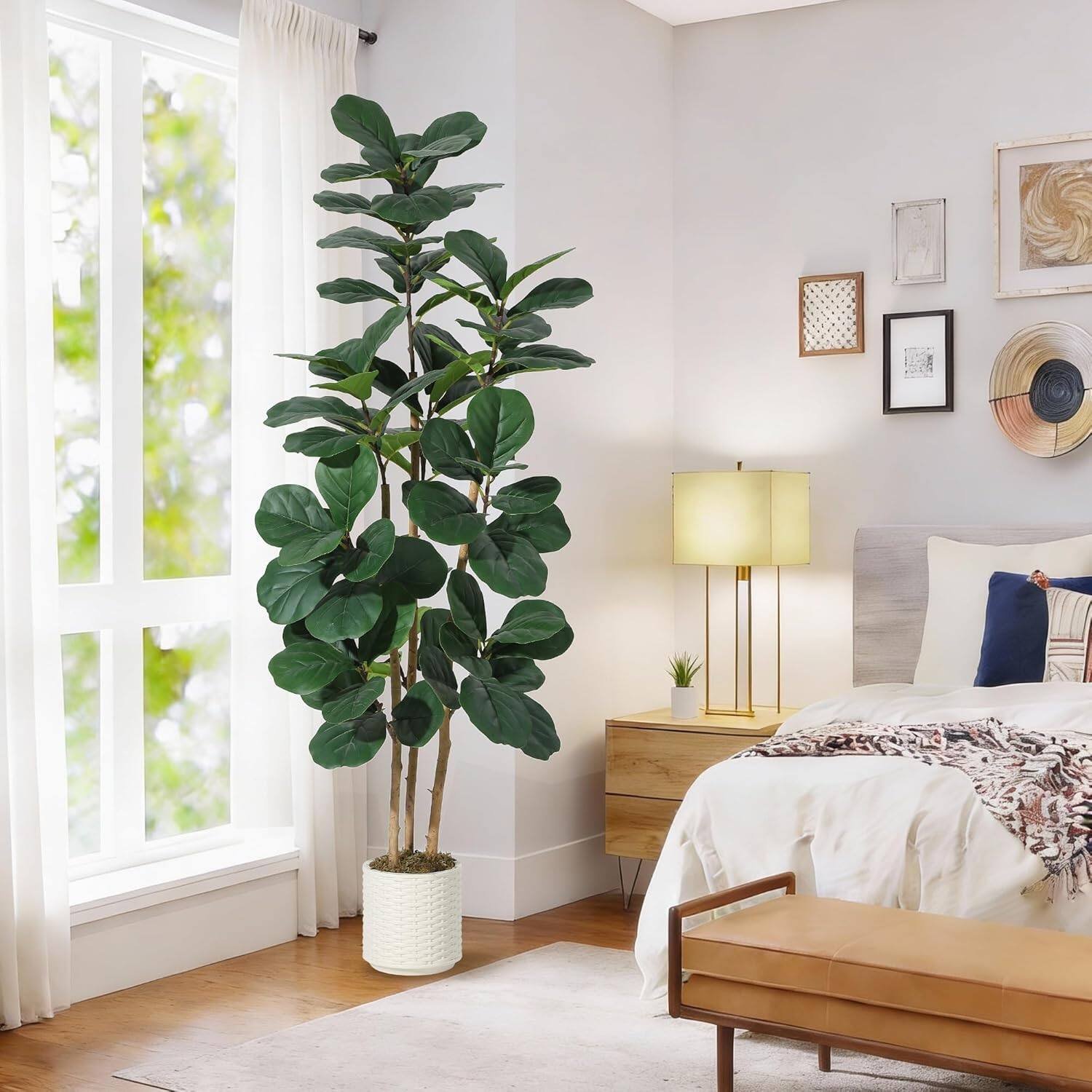 Alt View 1. Homhougo - 6FT Artificial Fiddle Leaf Fig Tree, Realistic Faux Ficus with Bendable Leaves for Living Room Office Decor - Green.