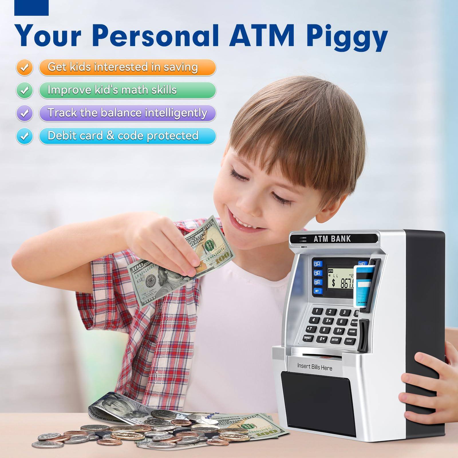 Your Personal ATM Piggy

- Get kids interested in saving
- Improve kid's math skills
- Track the balance intelligently
- Debit card & code protected

ATM BANK

Insert Bills Here