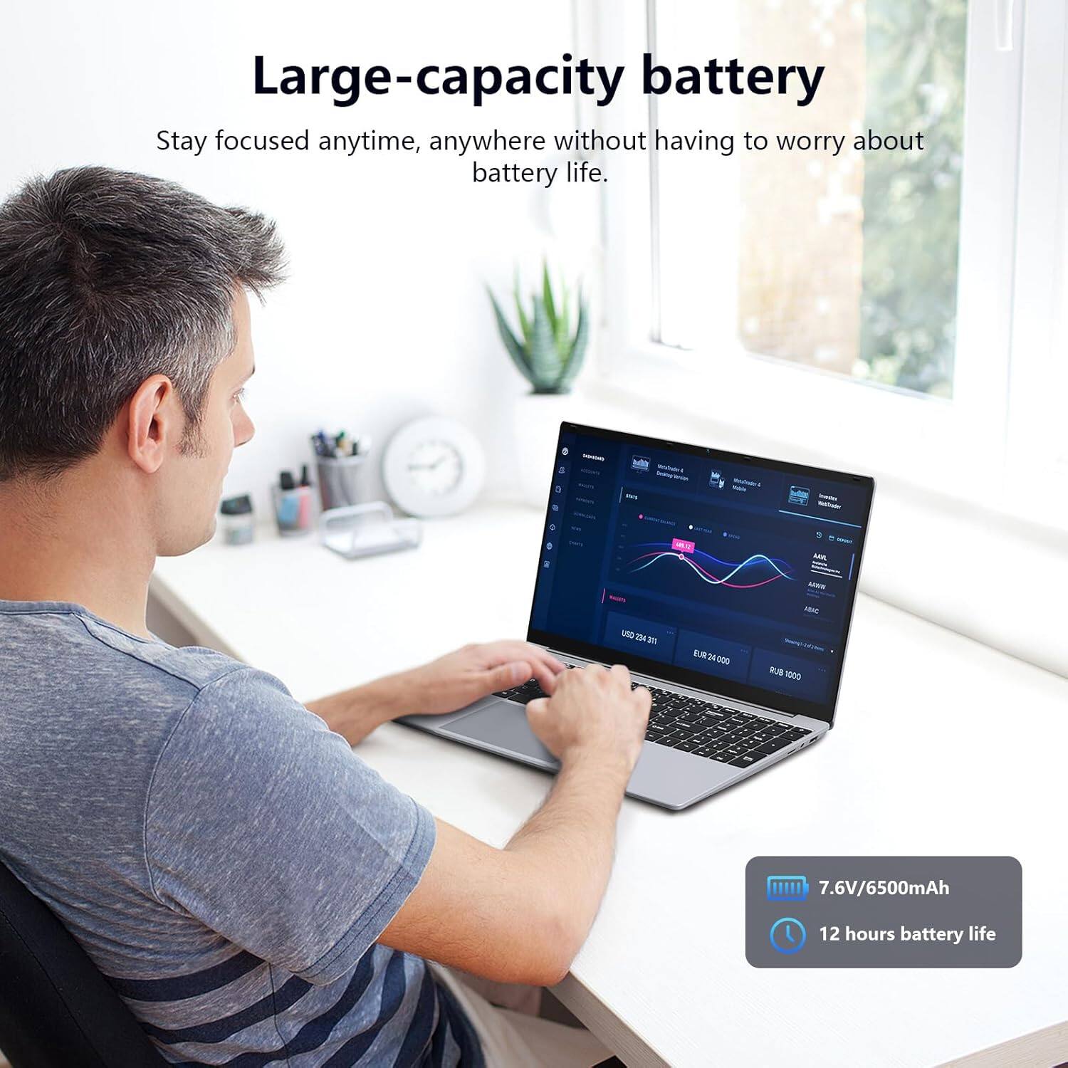 Large-capacity battery  
Stay focused anytime, anywhere without having to worry about battery life.  

7.6V/6500mAh  
12 hours battery life