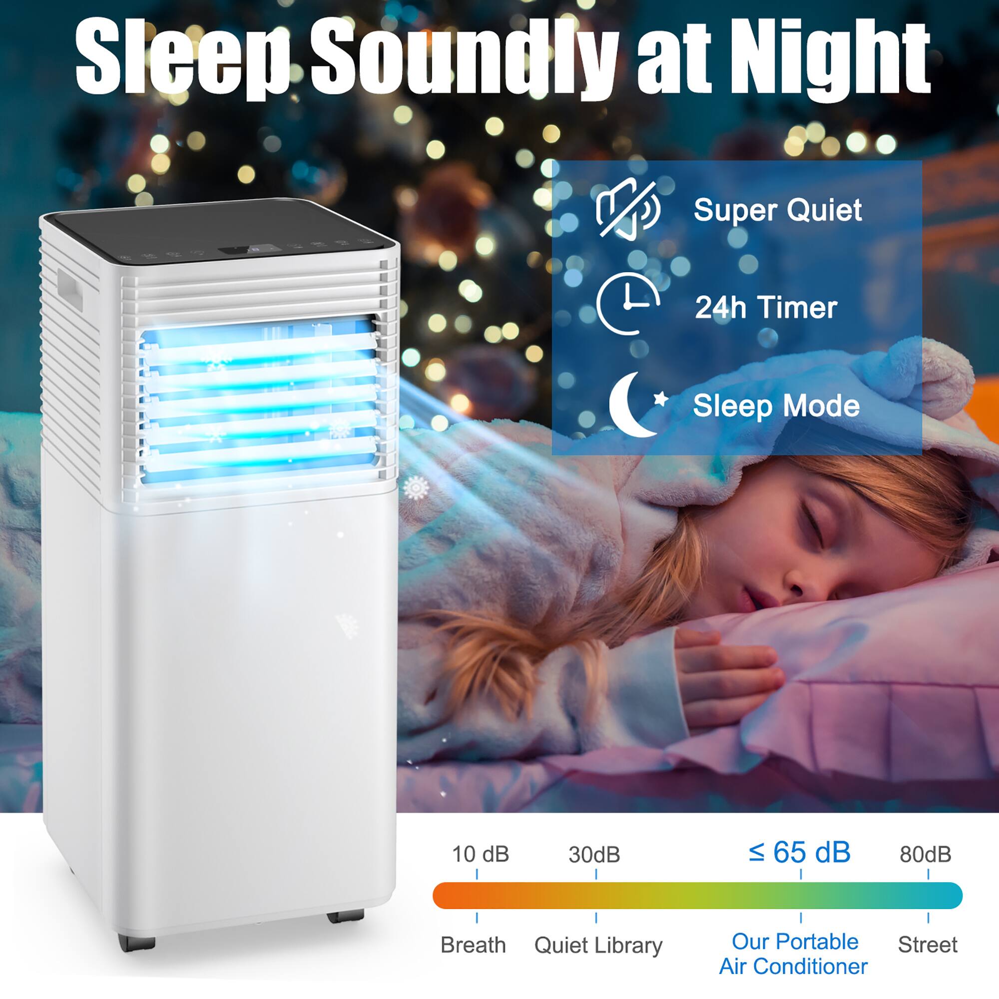Sleep Soundly at Night - Super Quiet 24h Timer - Sleep Mode - 10 dB - 30 dB - 65 dB - 80 dB - Breath Quiet - Library - Our Portable Street Air Conditioner