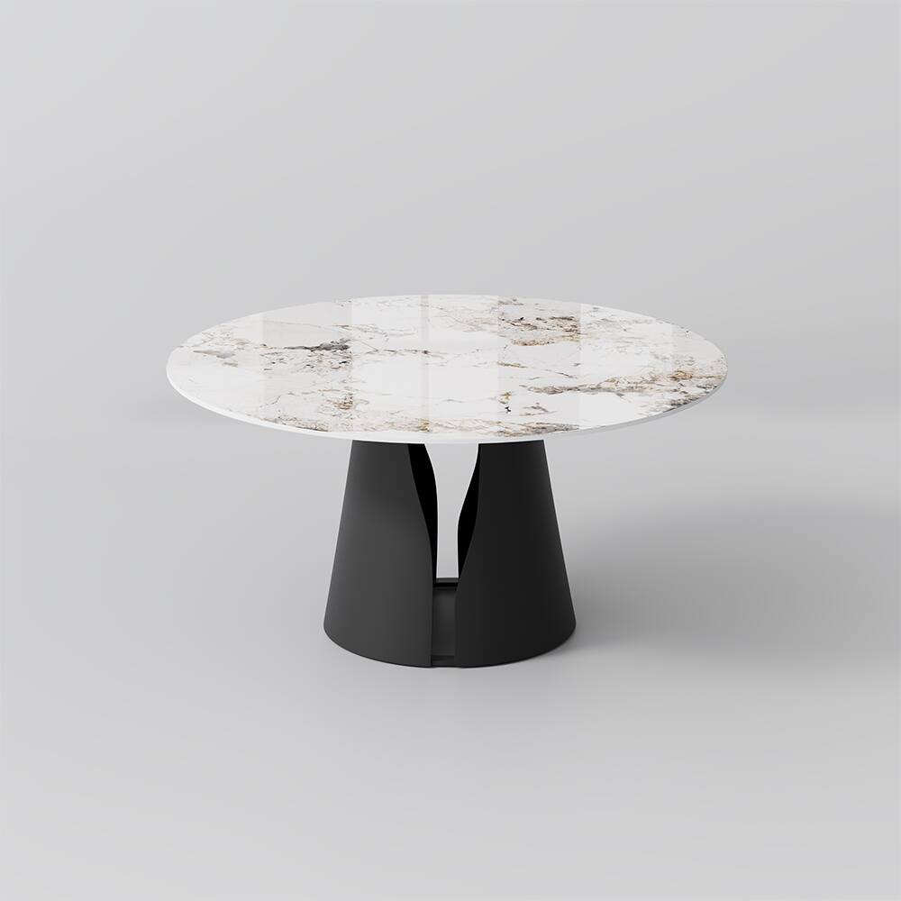 Alt View 3. POVISON - 59" Modern Round Dining Table for 6, Glossy Pandora Sintered Stone Round Dining Table, Solid Black Carbon Steel Base - Pandora & Black Steel Base.