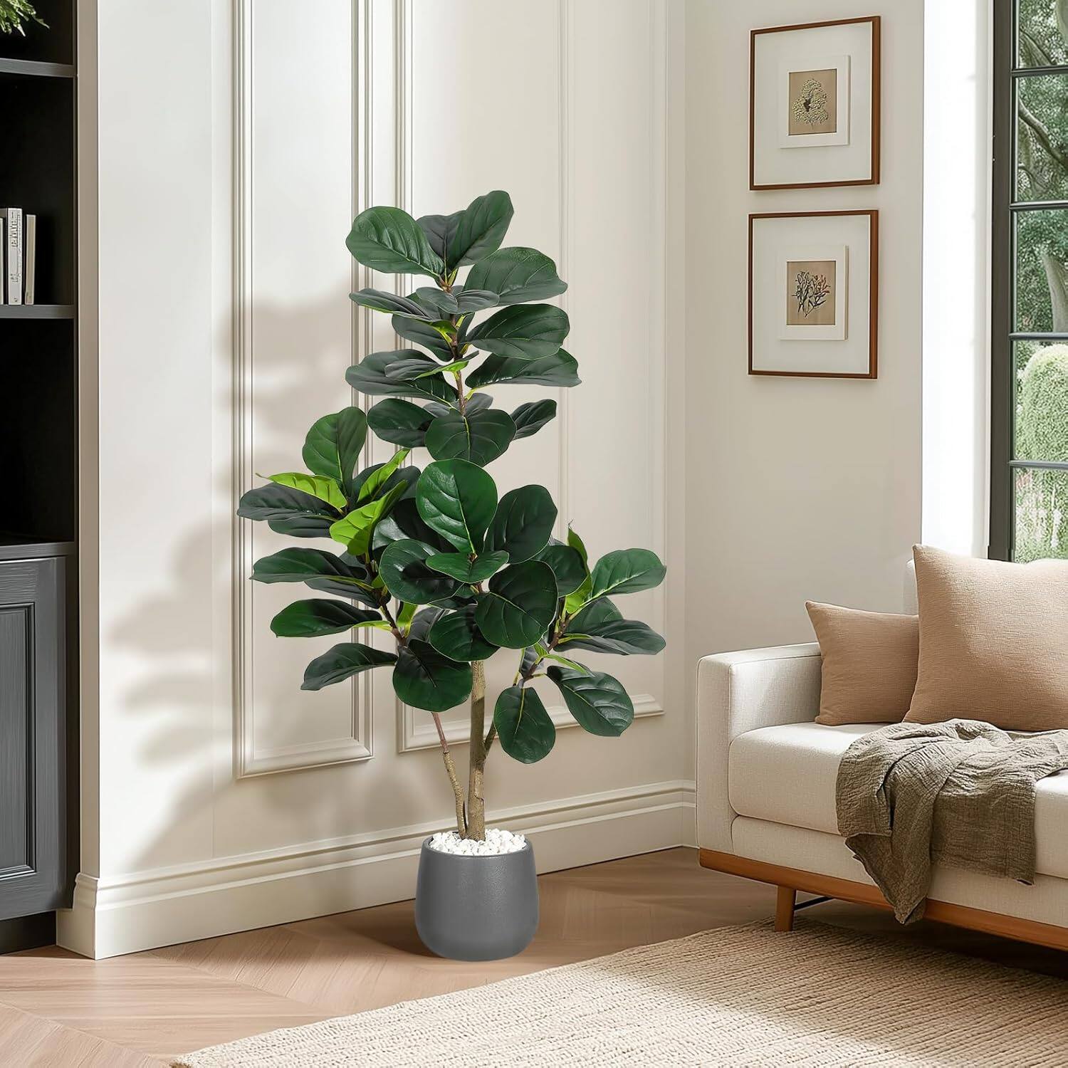Front. Homhougo - 4FT Fiddle Leaf Fig Tree Artificial with 48 Leaves - Realistic Faux Ficus Lyrata Trees in 7.8" Grey Planter Pot - Green.