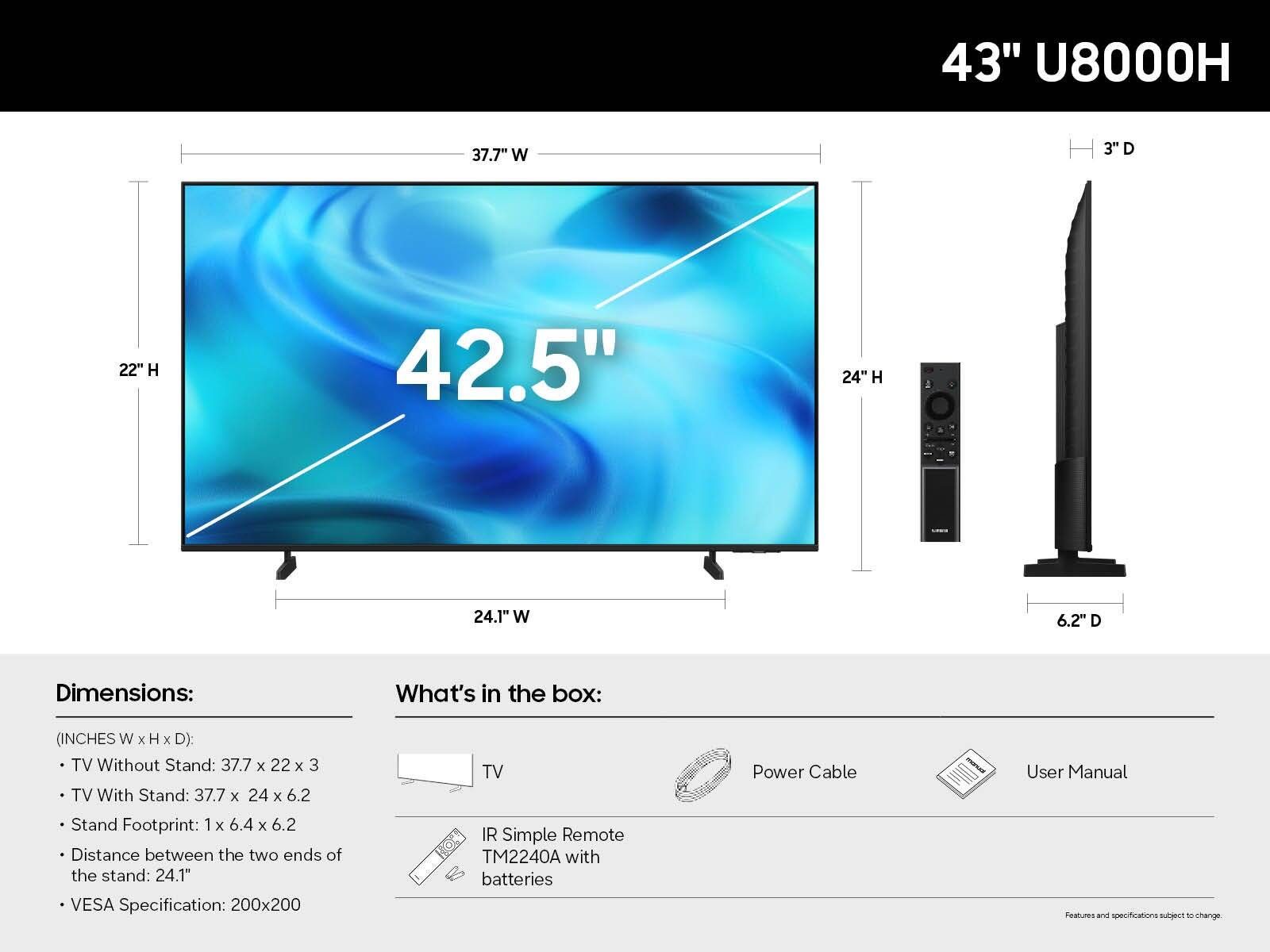 Samsung 43" Class U8000H Series Crystal UHD 4K UHD Samsung Vision AI Companion Smart Tizen TV 2026 - UN43U8000HFXZA accessories and compatibility